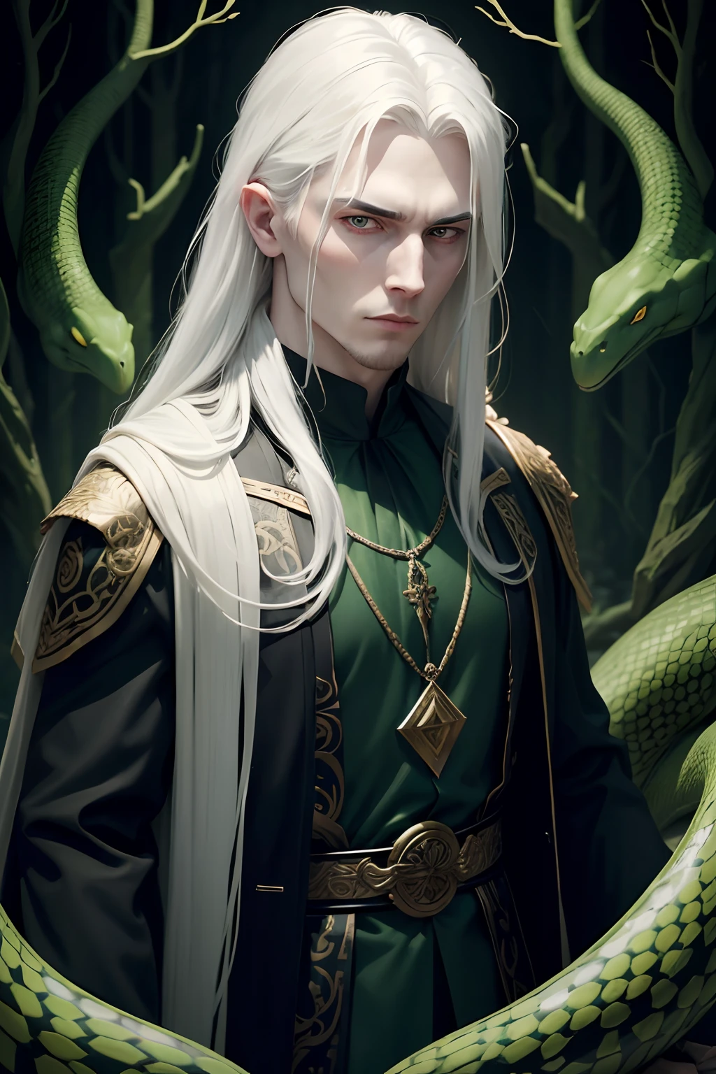A man with pale skin and long white hair, Standing in the middle of a dark and mysterious forest. He is surrounded by green and golden snakes. He wears a black tunic with dark green accents, that matches the family crest he wears on his chest. He looks at the viewer with a neutral and serene expression, without showing any emotion. Ele parece estar em sintonia com as criaturas que o cercam, como se fossem parte dele. He's the lord of snakes, e elas o seguem fielmente.