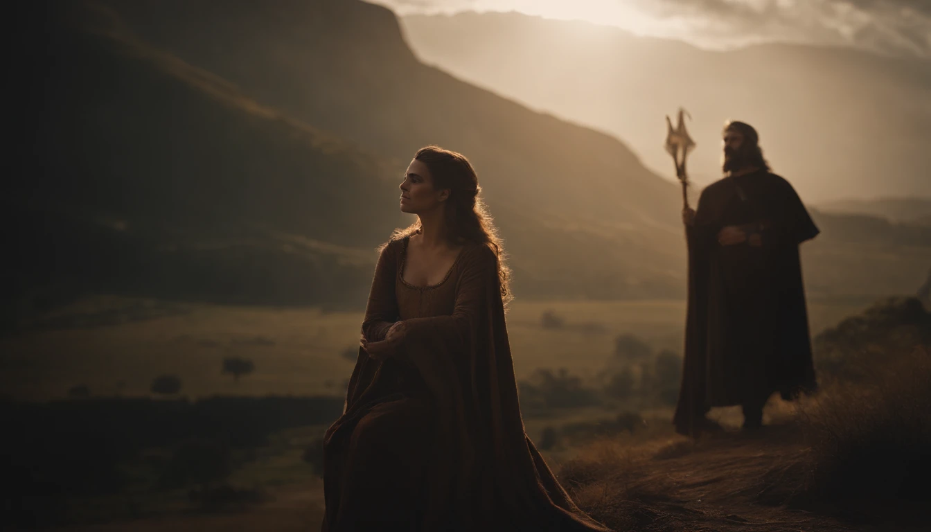 Gerar uma imagem que represente Jezabel ao lado de Acabe o rei, an image that portrays the relationship and the political and evil alliance between them. Imagem remete aos tempos biblicos de genesis