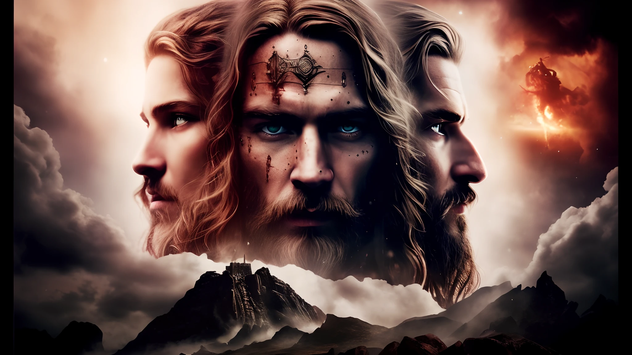 um close up de um cartaz de filme com um homem e uma mulher, curar, innblásin af Þórarinn B. Thorlaksson, viking and templar aesthetics, nordic mythology, Trindade, VIQUINGUES, arte chave, Norse God, viking heaven, three kingdom, nordic mythology, Directed by: Adam St. Peter's, Norse