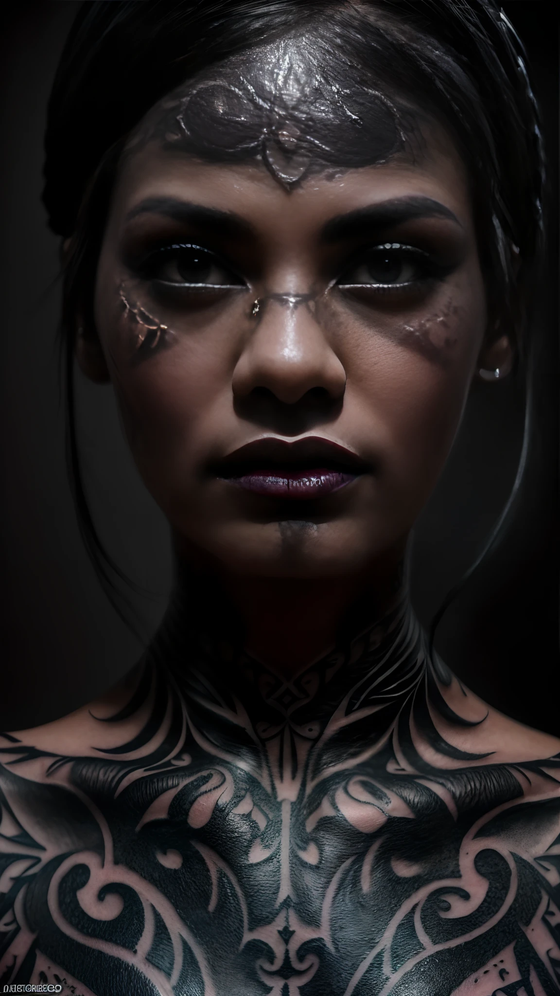 Half portrait of a slender woman, tattooed character, fantasy long black hair, detailed, Bright, bronze rustic filter effect, toned and defined physique, Intense red eyes, Epic Battle Scars, Divine Complexion, and dark hair radiates a powerful aura, cinematic focus, A high resolution, A high resolution, unreal engine 5, Resolution 8K, incredibly highly detailed visuals