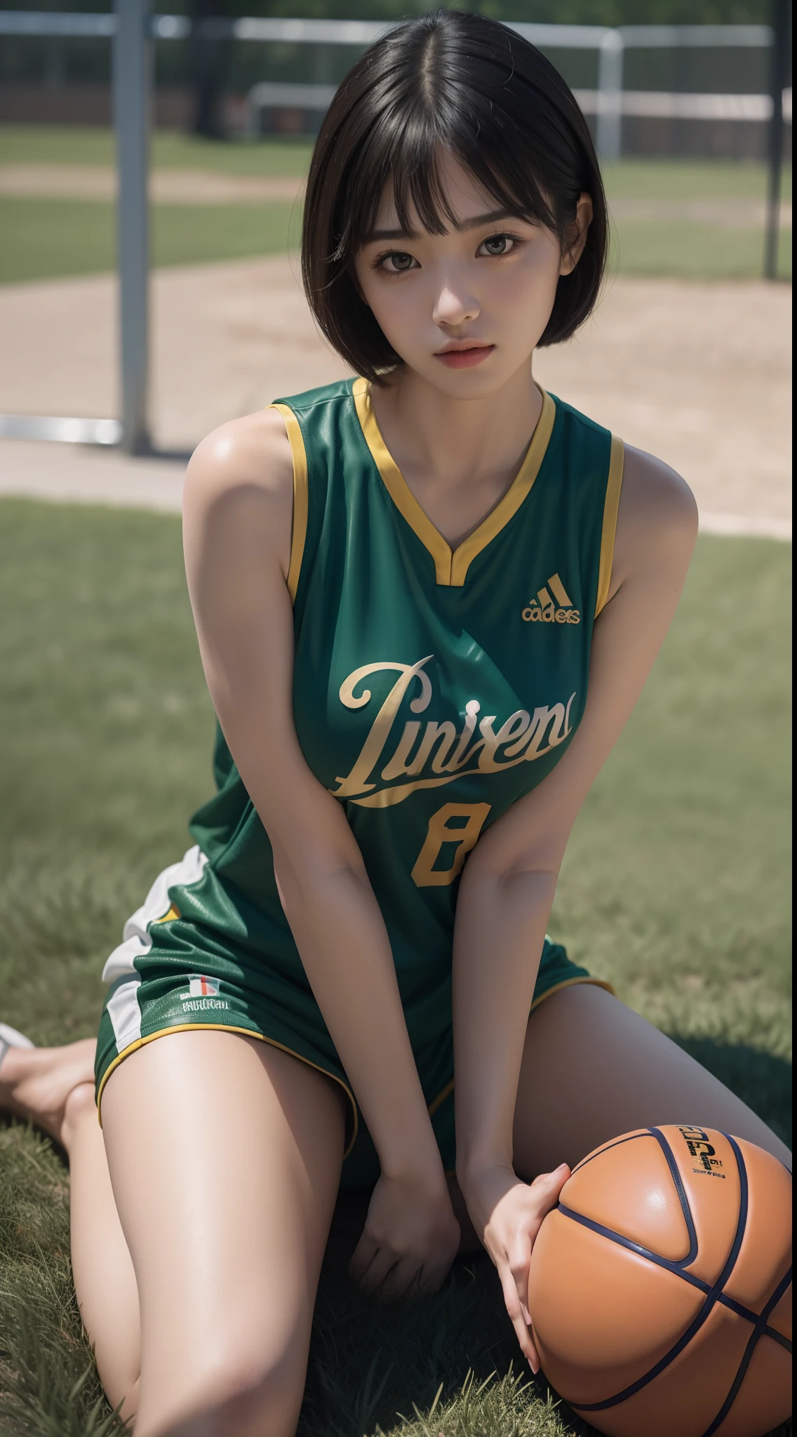 Masterpiece, Best quality, 超高分辨率, high detail photo,ultra HD,8K, Extremely detailed CG:1.2),(RAW photo,:1.3), (photograph realistic:1.4), 1girll , Young, Physically-based rendering, Cute, (finerly detailed face:1.4, Detailed clothes), (Detailed:1.4) Beautiful face, Depth of field, Add layer, hyper realistic, arafed girl sitting on the ground with a basketball ball, wearing basketball jersey, wearing green NBA jersey, stritc jersey, cleveage, perfect body model type, perfect boobs, short hair,bangs, korean face