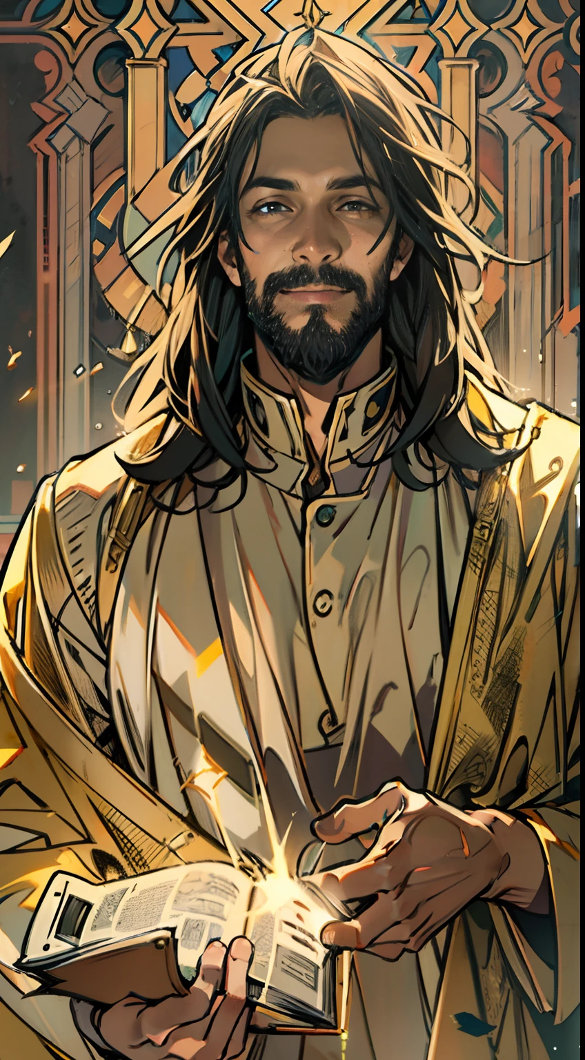 （Jesus Christ）, (holding a bible in right hand), (holding guitar in left hand), , halo, Frontal photo，Light smile, neo-classical, OP Art, Chiaroscuro, Cinematic lighting, god light, Ray tracing, character sheets, projected inset, first person perspective, hyper HD, Masterpiece, ccurate, Textured skin, Super detail, High details, High quality, Award-Awarded, Best quality, A high resolution, 8K