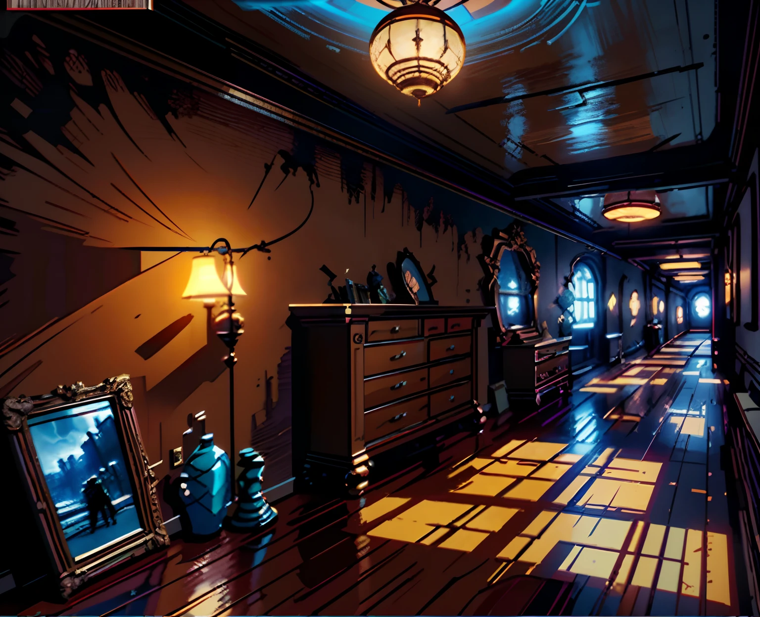 There is a room with a chest of drawers, mirror, and a picture on the wall, interior background art, dramatic lighting. Concept art, background art, bioshock infinite art style, Detailed lighting and textures, background illustration, stylized concept art, anime background art, Long Dark Corridor, Concept art, amazing atmosphere, environment art, painted as a game concept art