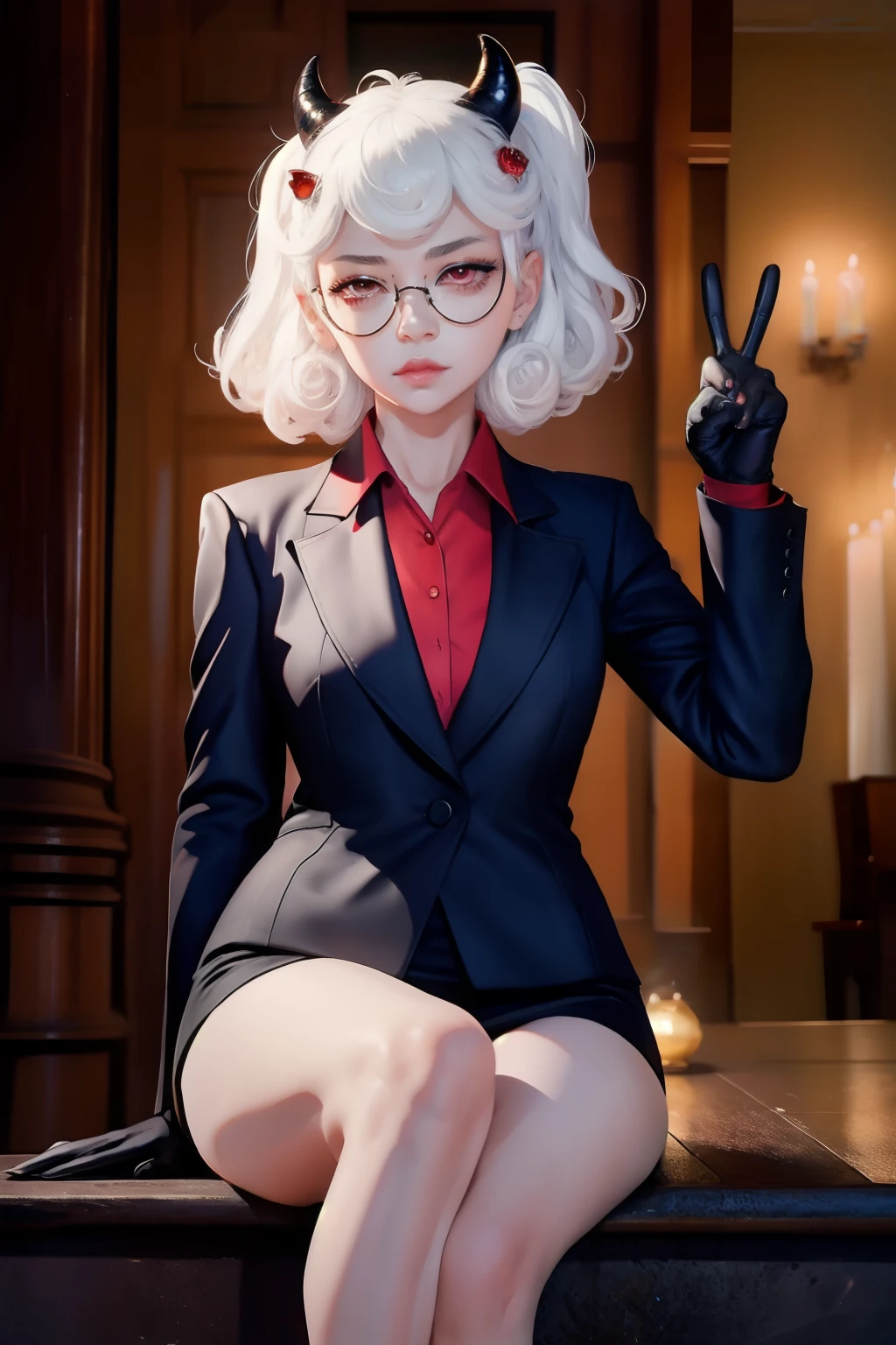 (masterpiece, best quality:1.2), solo, 1girl, htpandemonica, expressionless, looking at viewer,glasses, formal, suit, black jacket, red shirt, white gloves, black skirt , demon horns, demon tail , realistic,HD,4K, perfect anatomy, peace sign, peace hand,cute face , white hair,pouches under eyes, five fingers