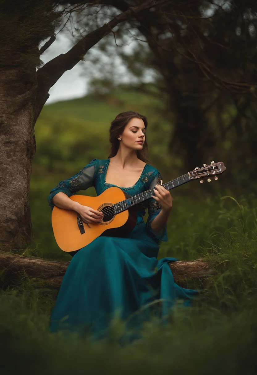 Paisagem medieval com uma mulher tocando guitarra