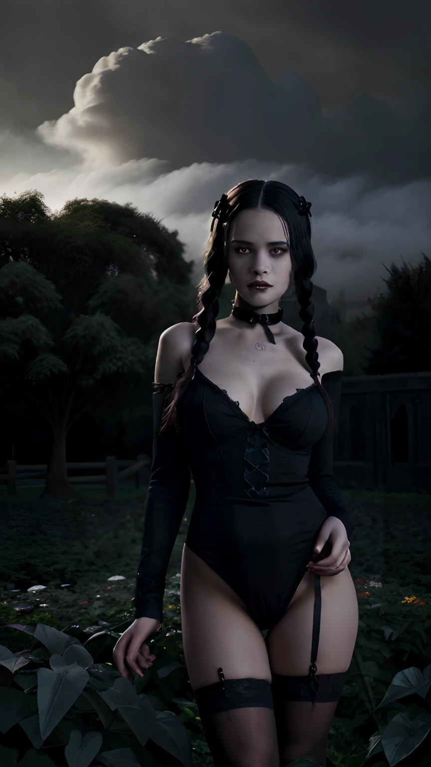 (best quality,4k,8k,highres,masterpiece:1.2),ultra-detailed,realistic,dark,portrait,Wednesday Addams,sexually suggestive, Seductive expression, breasts, tween ,bare foot ,silky black lingerie, beautiful,detailed eyes,thighs , solo girl, legs, full body, beautiful,detailed lips,extremely detailed eyes and face,long eyelashes,vibrant colors,gothic style,contrast,moody atmosphere,darker hues,dramatic lighting,Jenna Ortega,2 girls,dressed in black,black dress,classic Addams Family look,garden background,haunted mansion,ominous clouds,foggy,whimsical setting,creepy yet captivating,spooky charm,dynamic composition,
