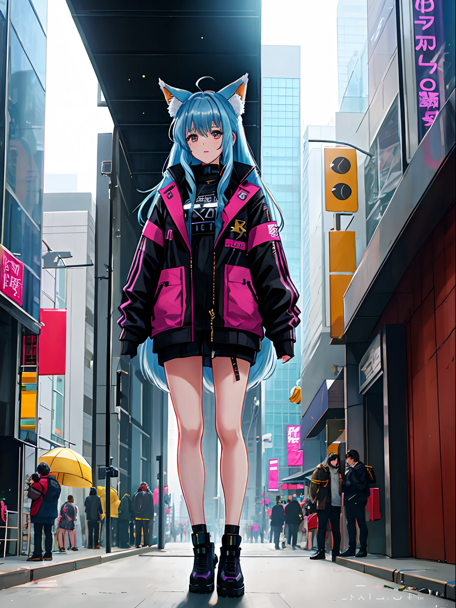 cyberpunk, full body, Starlight, Canon eos 5d mark 4, 1990'S young_woman_fox ears, Participating in a protest, Otherworldly hair, Shaggy hairstyle, Indirect light, Kodak portra 800, Amaro