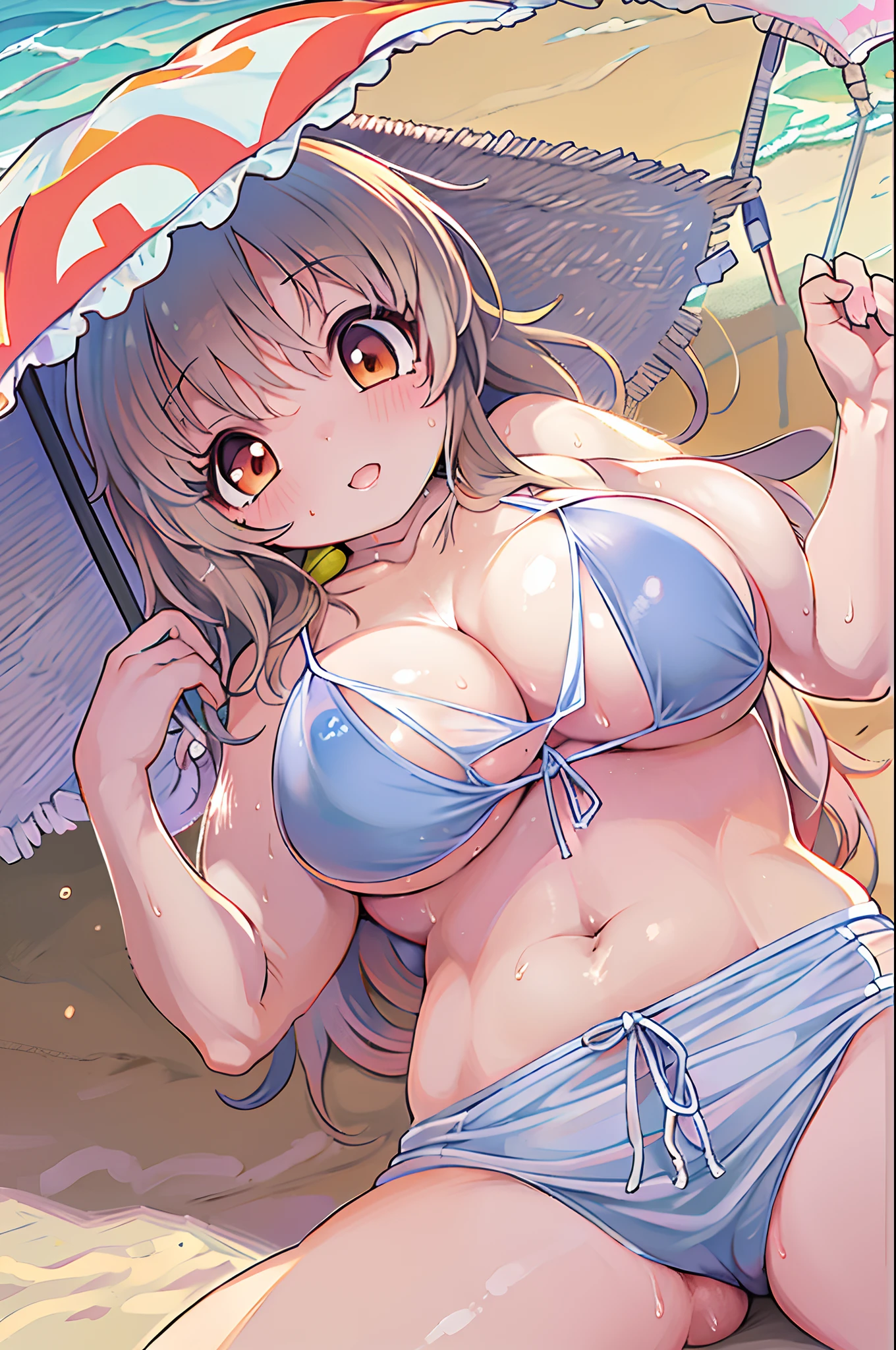 Anime girl in bikini lying on the beach with umbrella, small curvy loli, oppai, oppai proportions, Seductive Anime Girl, Big breasts!, Big breasts!!, Lori, SFW Nana huge breasts, Chic, splash art anime loli, Anime Best Girl, Ecchi anime style, realistic bikini, anime highly detailed, Chest covered、SFW、8--old l