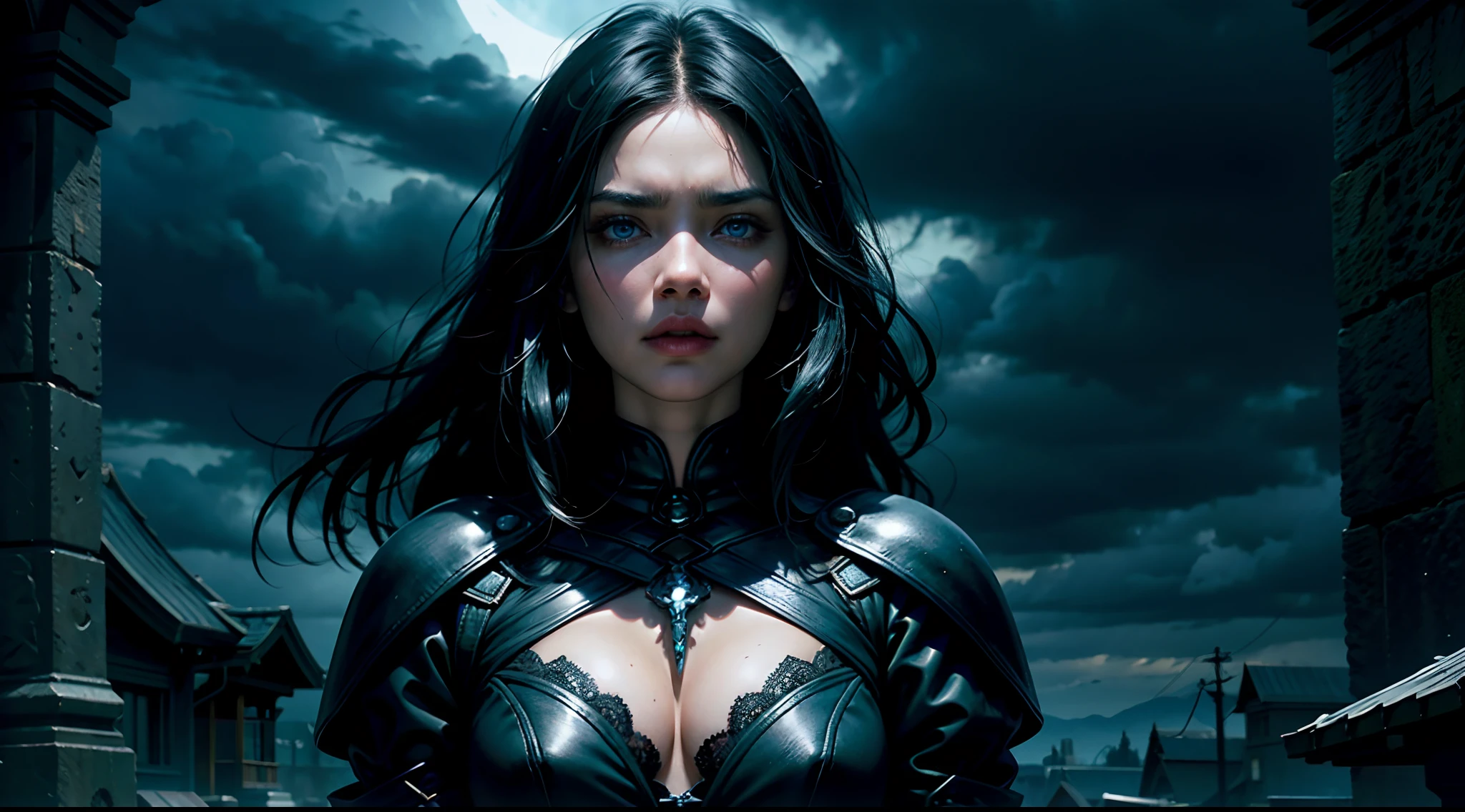 woman, black hair, blue eyes, fair skin, dark, mysterious, serious, dark silk, black dress, background is dark storm clouds, mood is apprehensive, frustrating, ambiguous, inscrutable, eerie night time light, character design, fantasy