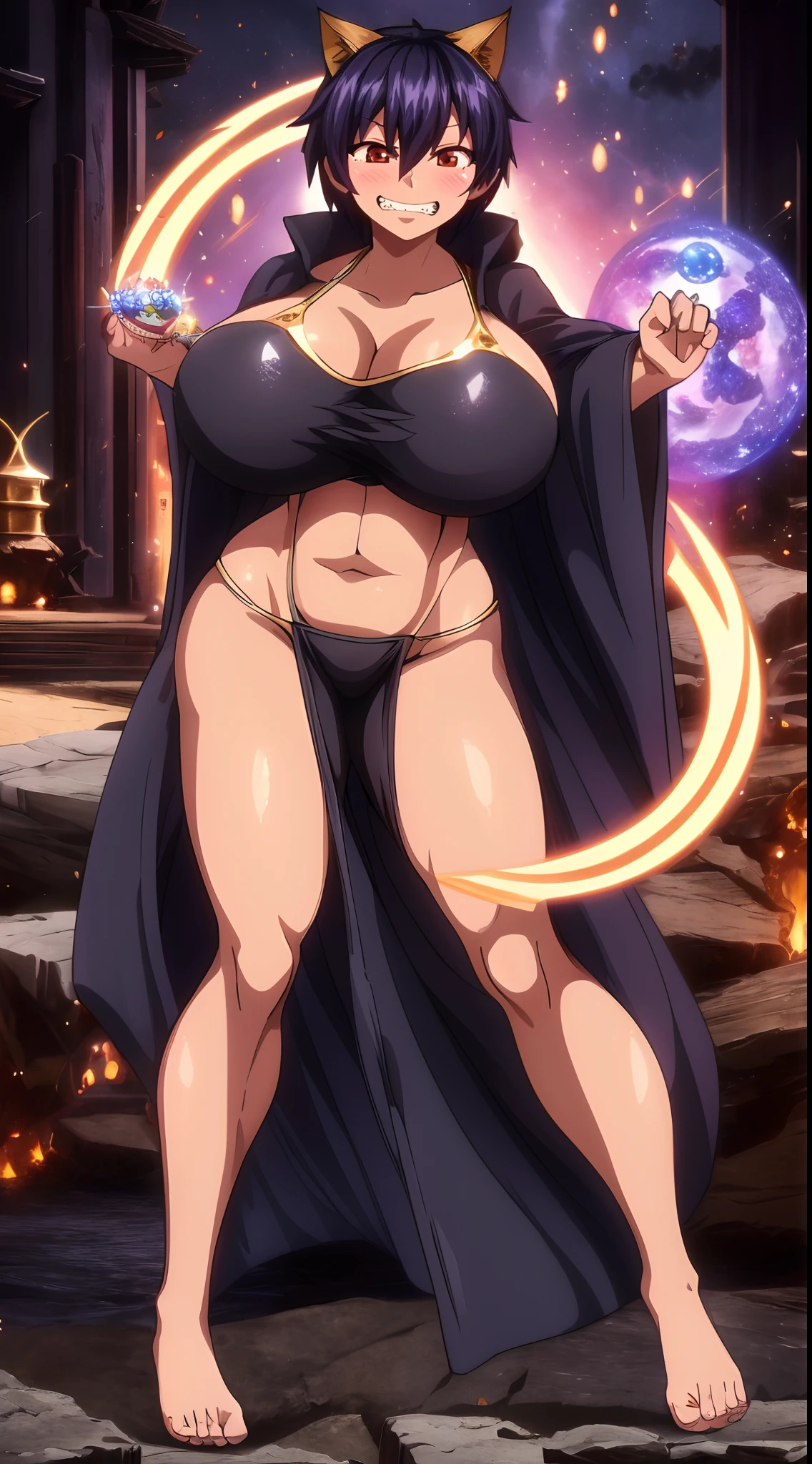 1girl, (masterpiece:1.1), hi-res, 4k chuyun,Dark blue hair,Brown red eyes,red hat,Tight black navel exposed vest,Blue pants, full body, coat, standing, determinated smile,curvy huge breast, muscle girl,female,fantasy goddess,there is a cartoon picture of a woman with a very large breast, glowing angelic being, glowing holy aura, inspired by Luma Rouge, the non-binary deity of spring, ethereal rainbow nimbus, the butterfly goddess of fire, inspired by Marie Angel, glowing aura around her, astral fairy, as the goddess of the sun, “uwu the prismatic person, big breast, happy, beautiful eyes, , full body, walking, long robe, long dre, catgirlss,, priestess ,holy, smile, long dress, brown hair, female,red eyes, black robe with stars symbolism, full body, flipflops,(best quality,4k,8k,highres,masterpiece:1.2),ultra-detailed,(:1.37),black robe with blue stars simbolism, girl with queen crown,beautiful detailed eyes,beautiful detailed lips,extremely detailed eyes and face,longeyelashes,golden crown adorned with diamonds,glowing blue stars on the robe,glittering pearls entwined in hair,royal purple backdrop,sparkling tiara,rich textures and fabrics,regal posture,confident expression,majestic aura,ethereal lighting,hauntingly beautiful atmosphere,elegant and magical,enchanted garden in the background,floating golden particles,subtle reflections on the crown,sublime tranquility,depth and mystery,sophisticated and regal,impeccable attention to detail,captivating and enchanting,ethereal and divine,fantasy-inspired artwork,dreamlike and surreal,celestial beauty and elegance,dark and mysterious,royal and majestic vibes,meticulous craftsmanship,vivid colors,whimsical and otherworldly., pants,sharpteeth ,black hair, cat ears, full body, smile, darkskinned-female, black hair, pants, caucasiene facial features, dark hair, pants , full dress,, smile, bikini