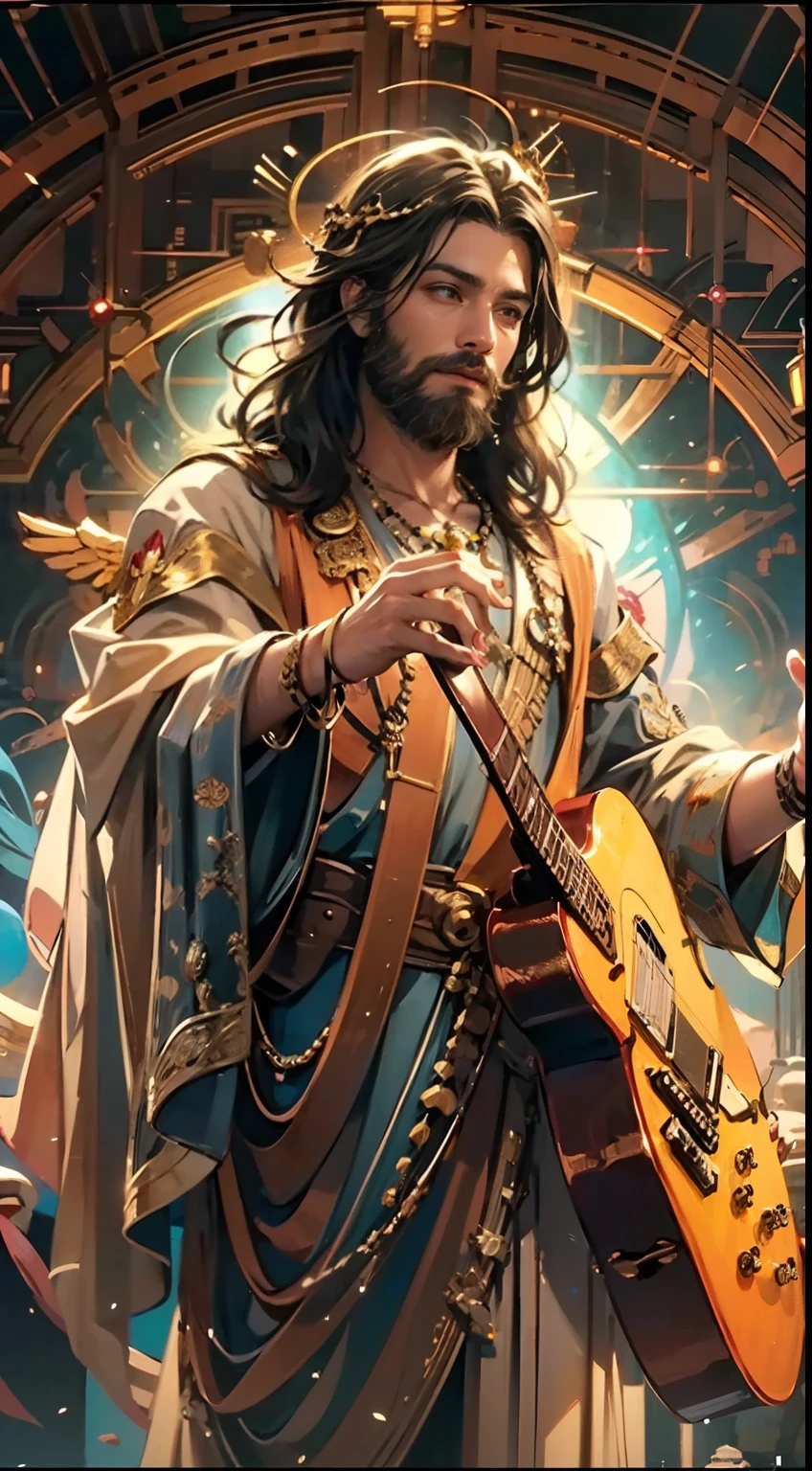 （Jesus Christ）, (holding a bible in right hand), (holding guitar in left hand), , halo, Frontal photo，Light smile, neo-classical, OP Art, Chiaroscuro, Cinematic lighting, god light, Ray tracing, character sheets, projected inset, first person perspective, hyper HD, Masterpiece, ccurate, Textured skin, Super detail, High details, High quality, Award-Awarded, Best quality, A high resolution, 8K