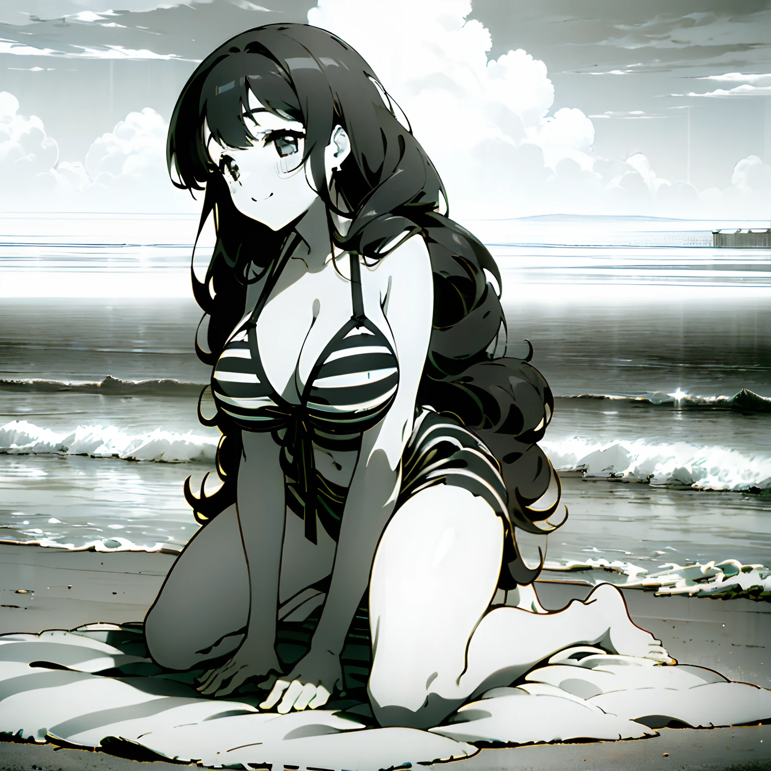 ((Masterpiece, solo, full body, black and white, monochrome, film grain, day, clouds, steam, beach)), cute anime girl laying on sand, slender body, ((smiling, black hair, long hair, wavy hair, cleavage, large breasts)), earrings, (striped bikini), ribbon, sunbeams