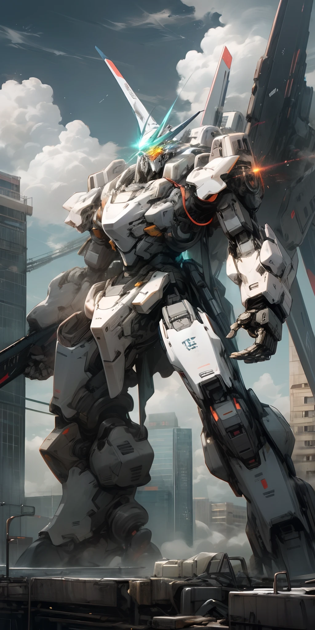 sky, cloud, holding_weapon, no_humans, glowing, , robot, building, glowing_eyes, mecha, science_fiction, city, realistic,mecha