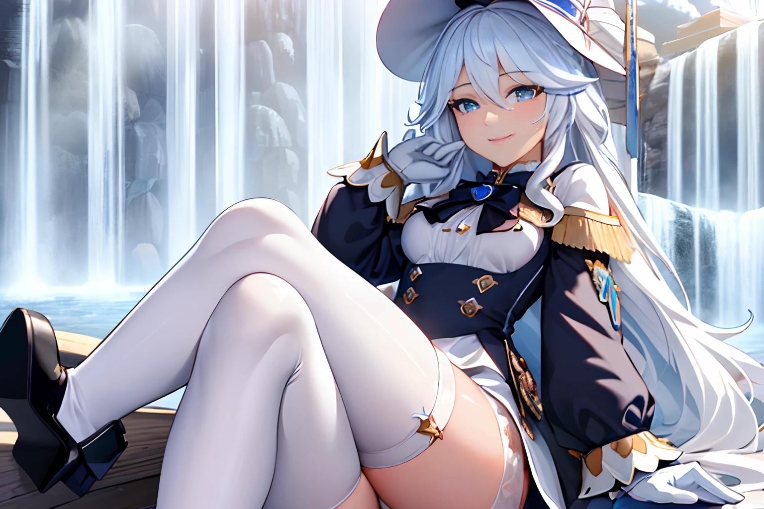(extremely detailed CG:1.4), (best quality:1.3), cowboy shot, 1girl, focalors, smile, long hair, perfect face, bright pupils, lustrous skin, (finely detailed beautiful eyes), small breasts, sitting, crossed legs, White thighhighs, white gloves, white shorts, thigh strap, hat, (Palace:1.5), (waterfall:1.3), sunlight,