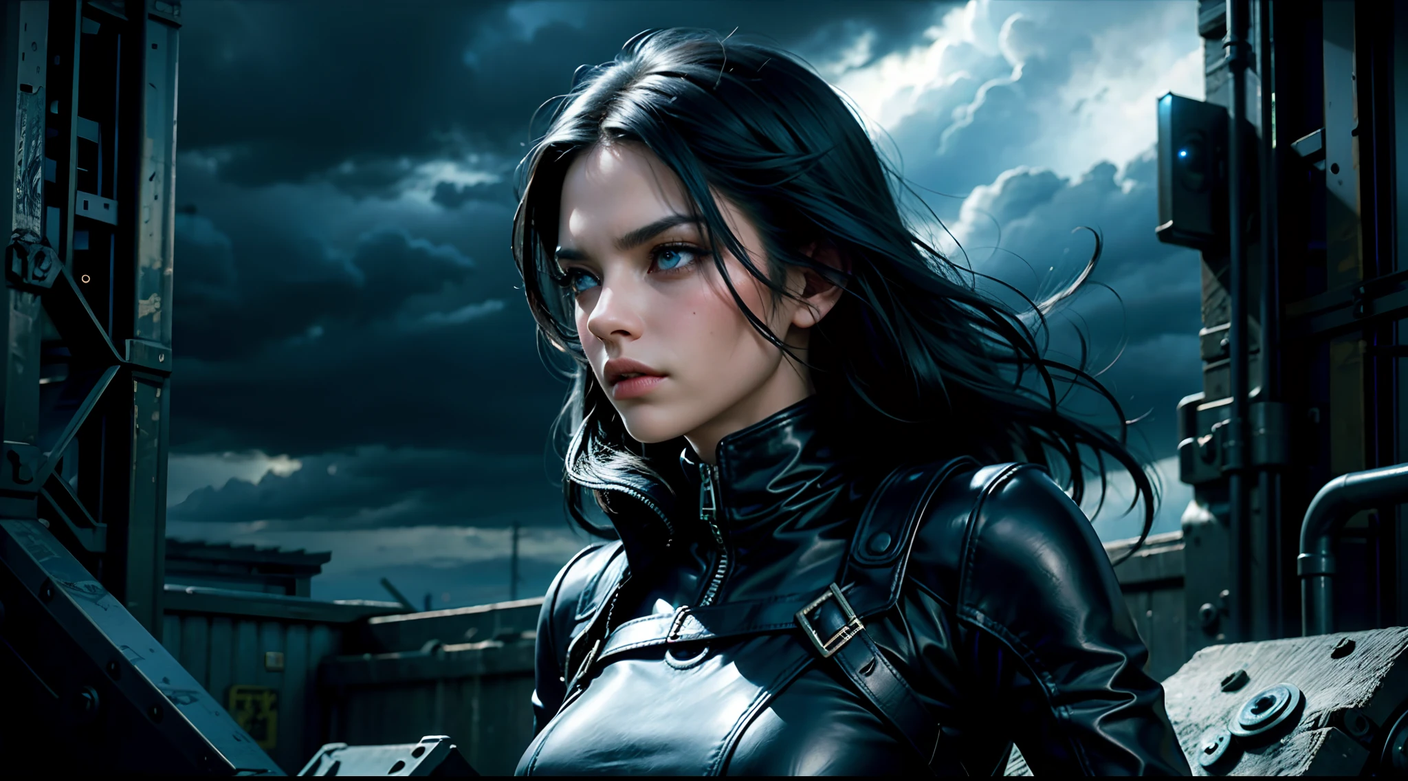 woman, black hair, blue eyes, fair skin, dark, mysterious, serious, black leather, tight leather clothes, leather straps, background is dark storm clouds, mood is apprehensive, frustrating, ambiguous, inscrutable, eerie night time light, character design, fantasy