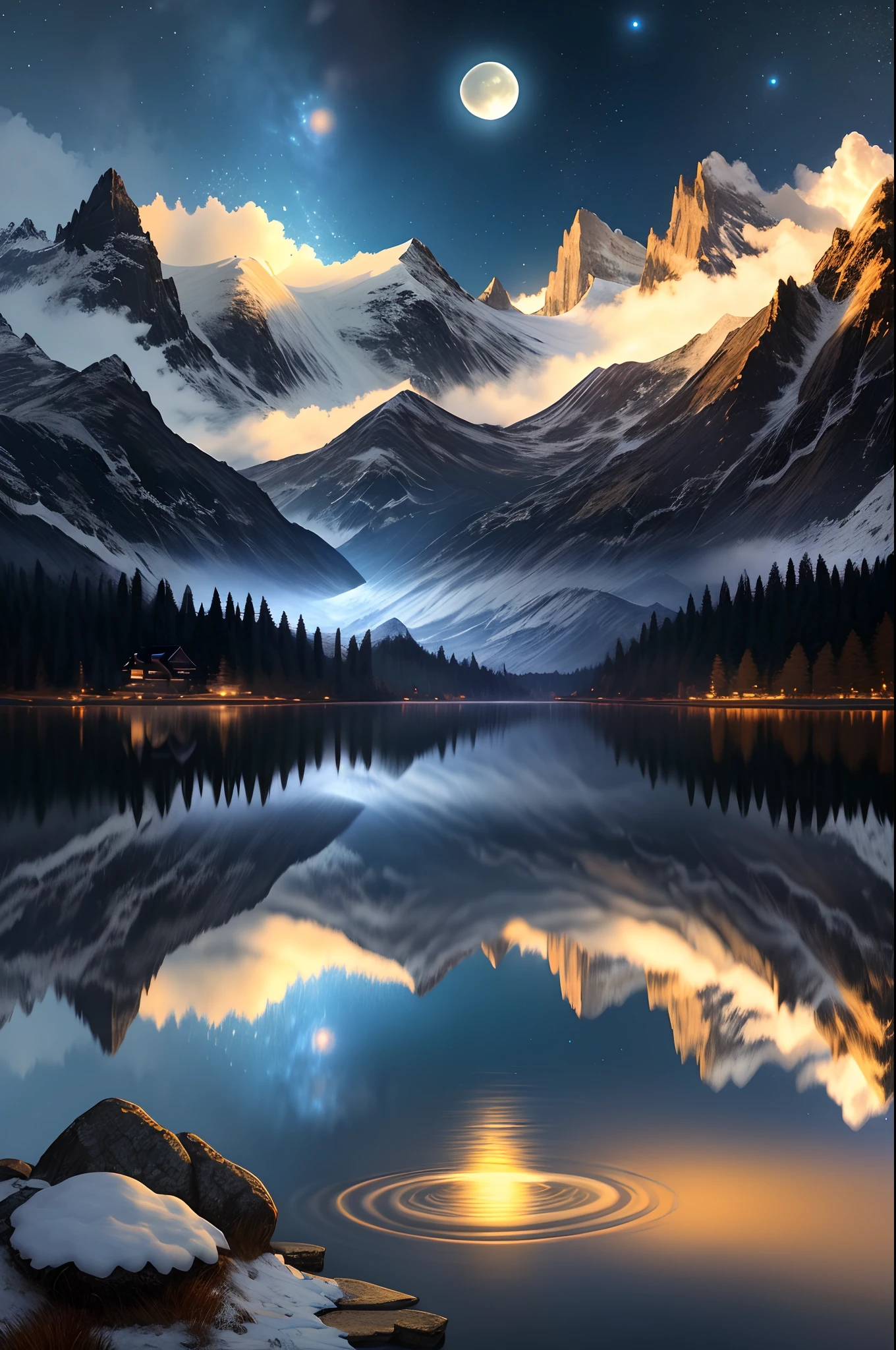 Very starry night。A giant moon behind the mountains。A tranquil lake reflecting the night。the morning sun。realistic scene、detaileds、Foto realism、8K