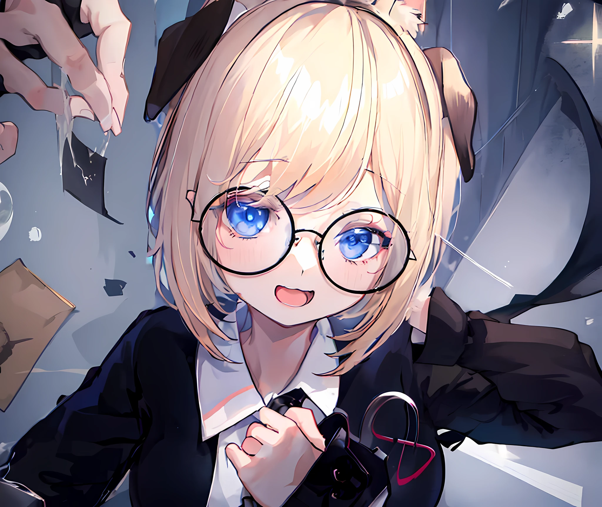 short blonde hair blue eyes anime girl with glasses wearing a black sweater and white collar shirt on the inside posing for a picture, !!have brown dog ears!!, Fix hands, anime styled, hanayamata, small curvy ****, realistic anime style, anime moe artstyle, vrchat, ****, anime style. 8k, stylized anime, render of april, shikamimi,