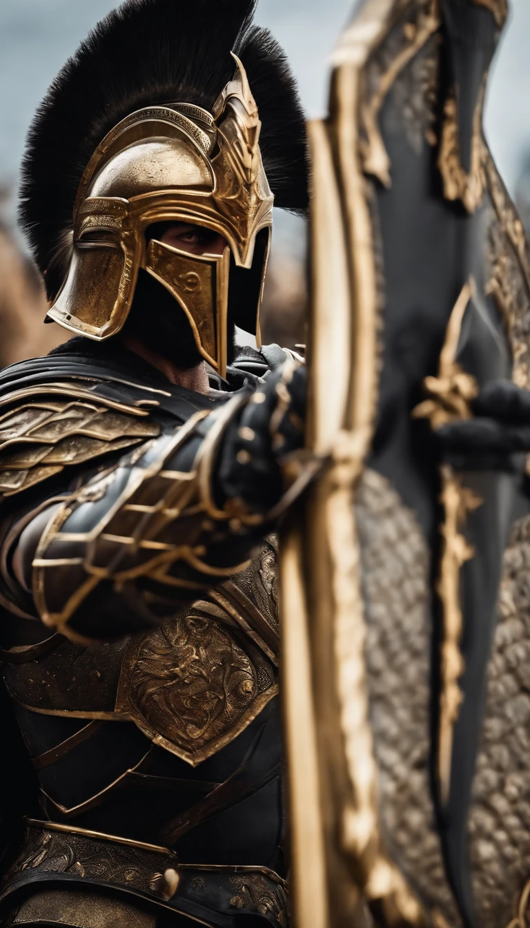 spartan warrior, fighting , stunning armor, black gold armor, epic, 8k