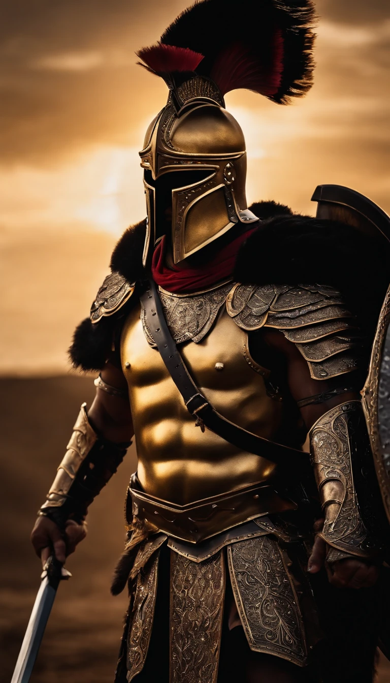 spartan warrior, fighting , stunning armor, black gold armor, epic, 8k