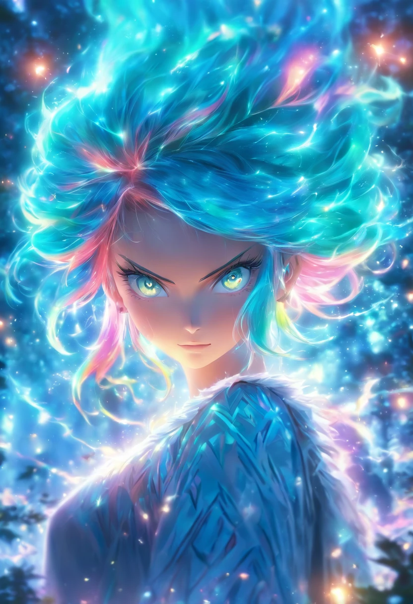 (best quality,4k,8k,highres,masterpiece:1.2),ultra-detailed,(realistic,photorealistic,photo-realistic:1.37),female with glowing teal eyes,rainbow colored hair,casting glowing spells,mystical forest,illustration,enchanted atmosphere,vibrant colors,soft lighting