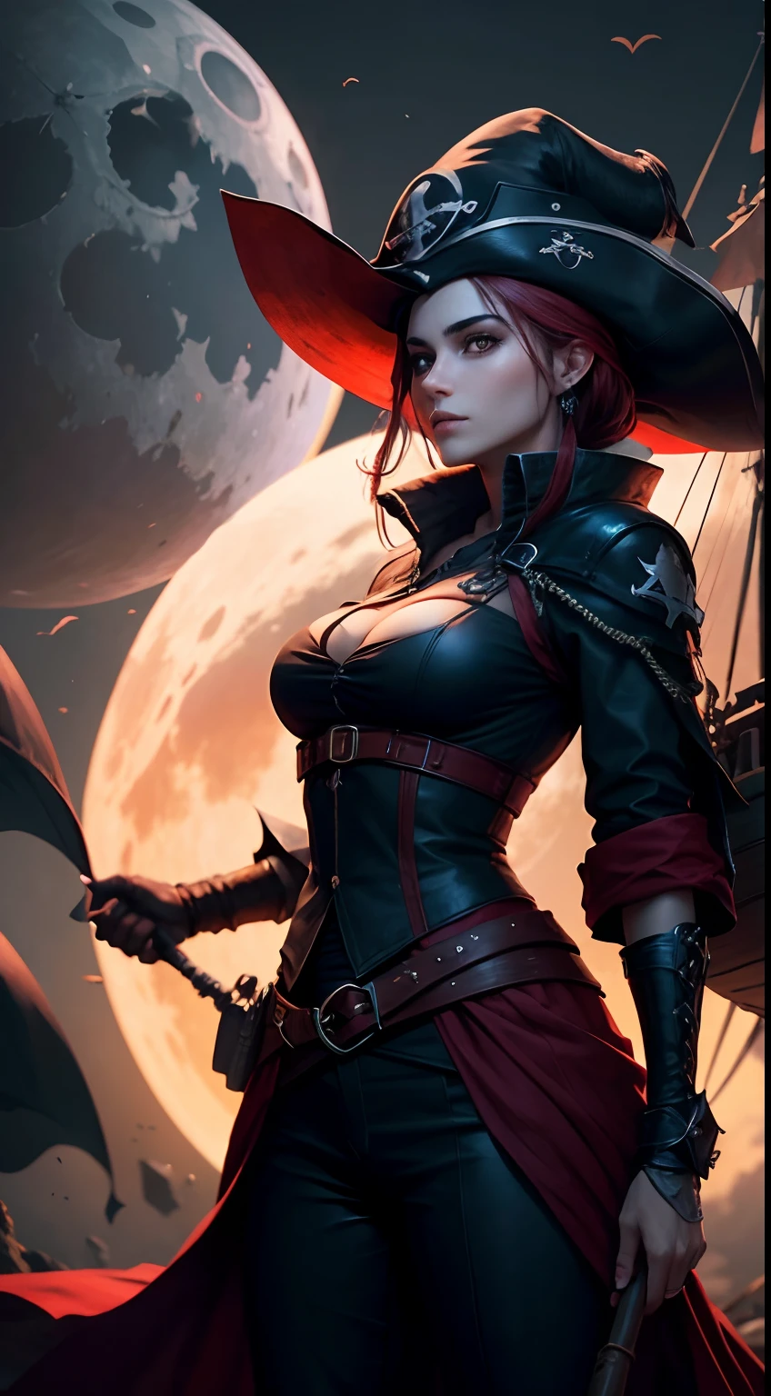 Arcart Dark Web Pirate Malefik, Captain's hat, parachute, darkness,murky,4K,Background with:Middle Red Moon,Looking at the camera,Cleavage,