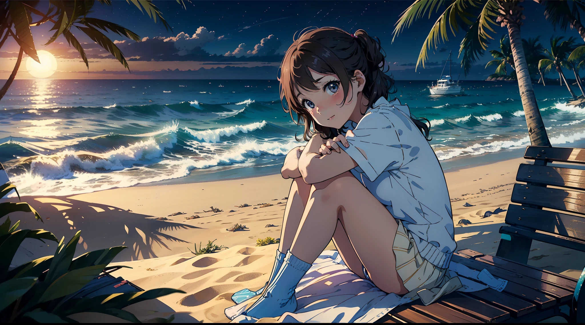 Masterpiece to the smallest detail、top-quality, 1 girl in, Watanabe You (\lovelive\), sitting bench, ocean,night,  sand, sun, beach, drinking, uniform, happy, socks,  cute, tree, boat, hide hand