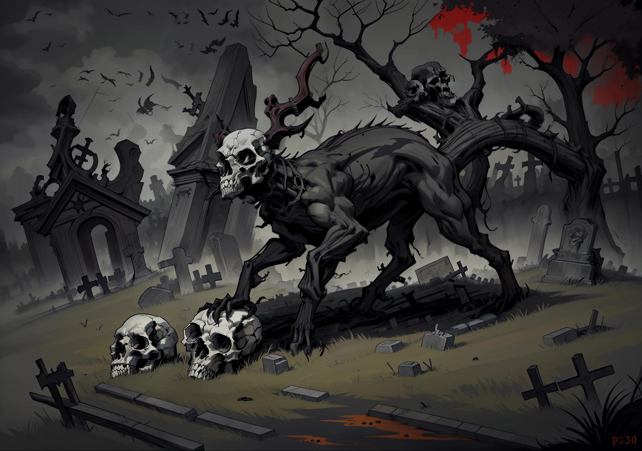 Painting depicting a cemetery, SPP 3008, gloomy atmosphere, it is frightful, Scary Dark Art, Terrible Cemetery, There are scattered animal skulls in the background
