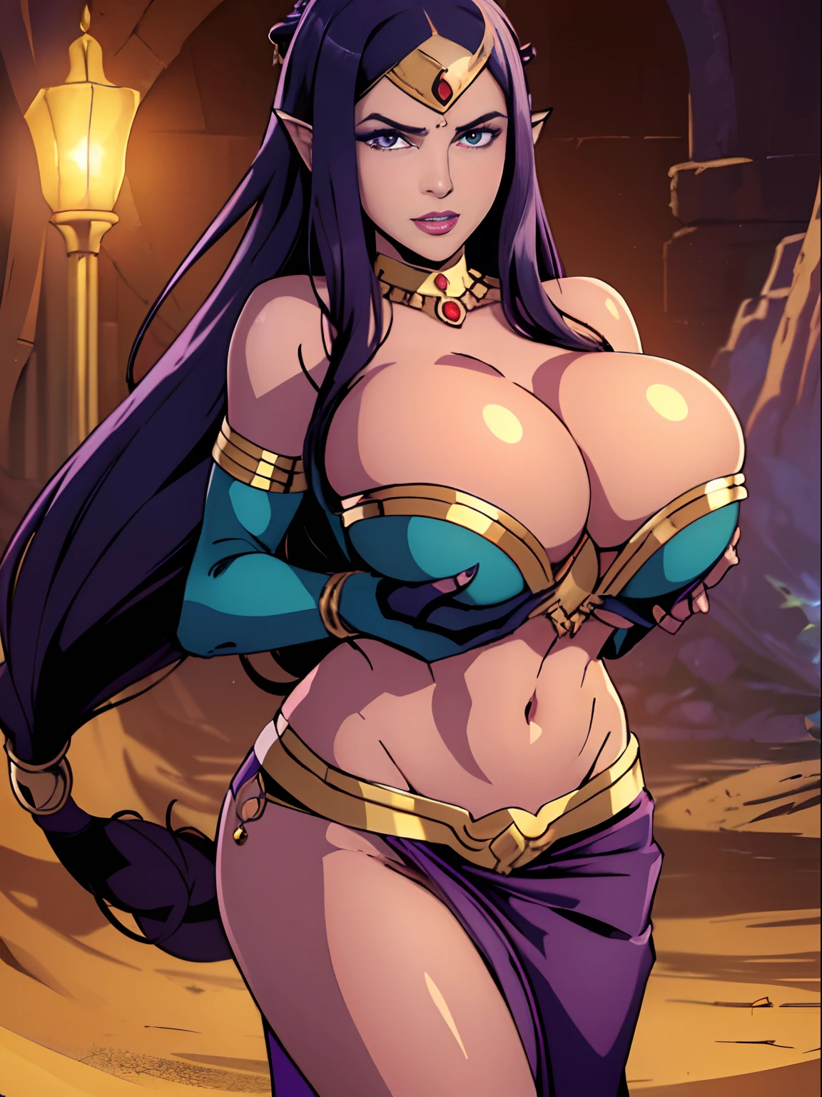(masterpiece, top quality, best quality, official art, beautiful and aesthetic:1.2), (1girl:1.3), long wavy black hair, topknot, ((((purple skin)))), extremely detailed, portrait, looking at viewer, solo, (full body:0.6), detailed background, close up, mischievous eyes, (hot summer desert Arabia theme:1.1), Persian (((((djinn))))) woman, dark makeup, charlatan, smirk, mysterious, walking in desert, revealing black and gold Arabian attire, open vest, long wispy tail, genie lamp, jewelry, armlets, elaborate necklaces, blue fabric, gold jewelry, precious stones, magic lamp, ((((gigantic breasts, cleavage, skindentation)))), slim waist, slim hips, long legs, ancient (Arabian palace exterior:1.1) background, dark mysterious lighting, shadows, magical atmosphere, dutch angle,