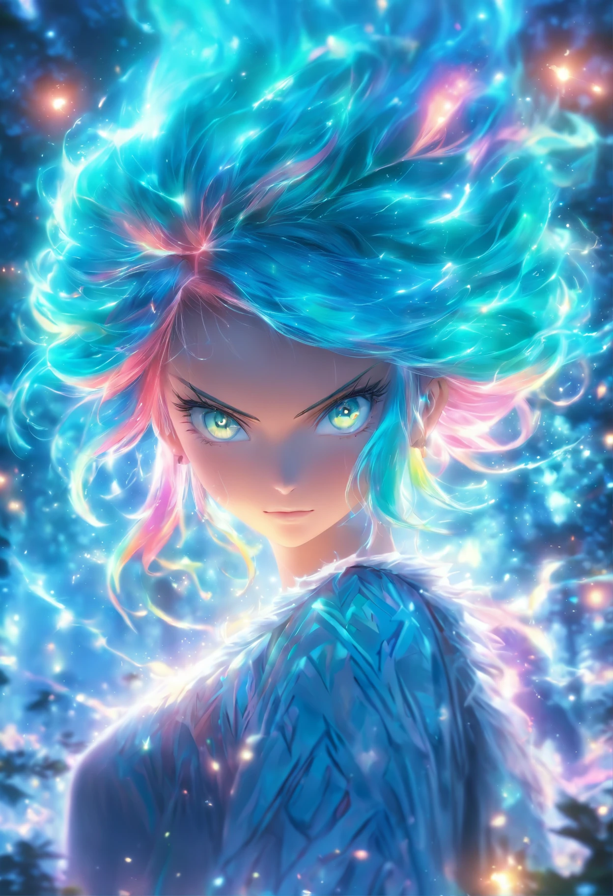 (best quality,4k,8k,highres,masterpiece:1.2),ultra-detailed,(realistic,photorealistic,photo-realistic:1.37),female with glowing teal eyes,rainbow colored hair,casting glowing spells,mystical forest,illustration,enchanted atmosphere,vibrant colors,soft lighting