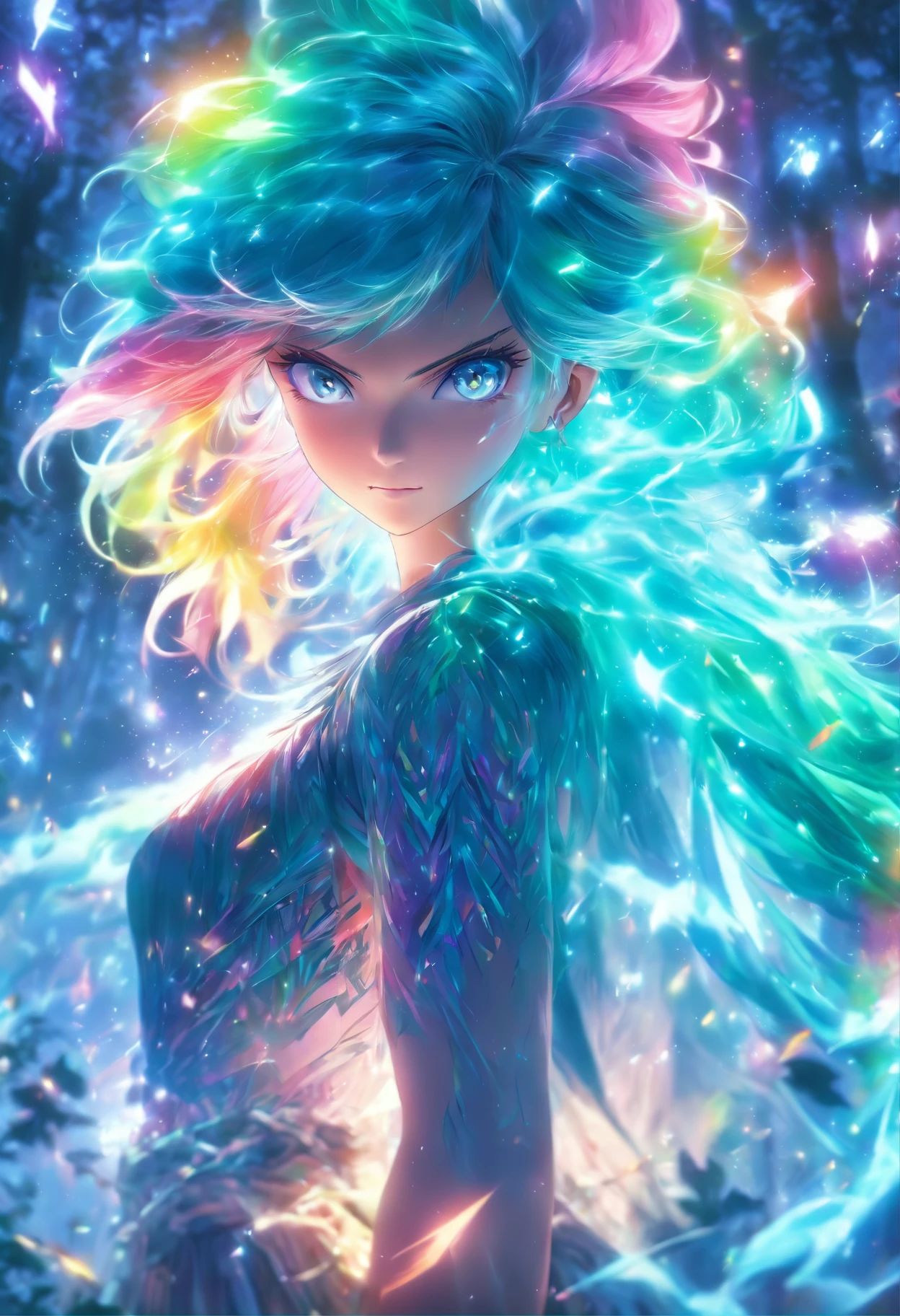 (best quality,4k,8k,highres,masterpiece:1.2),ultra-detailed,(realistic,photorealistic,photo-realistic:1.37),female with glowing teal eyes,rainbow colored hair,casting glowing spells,mystical forest,illustration,enchanted atmosphere,vibrant colors,soft lighting