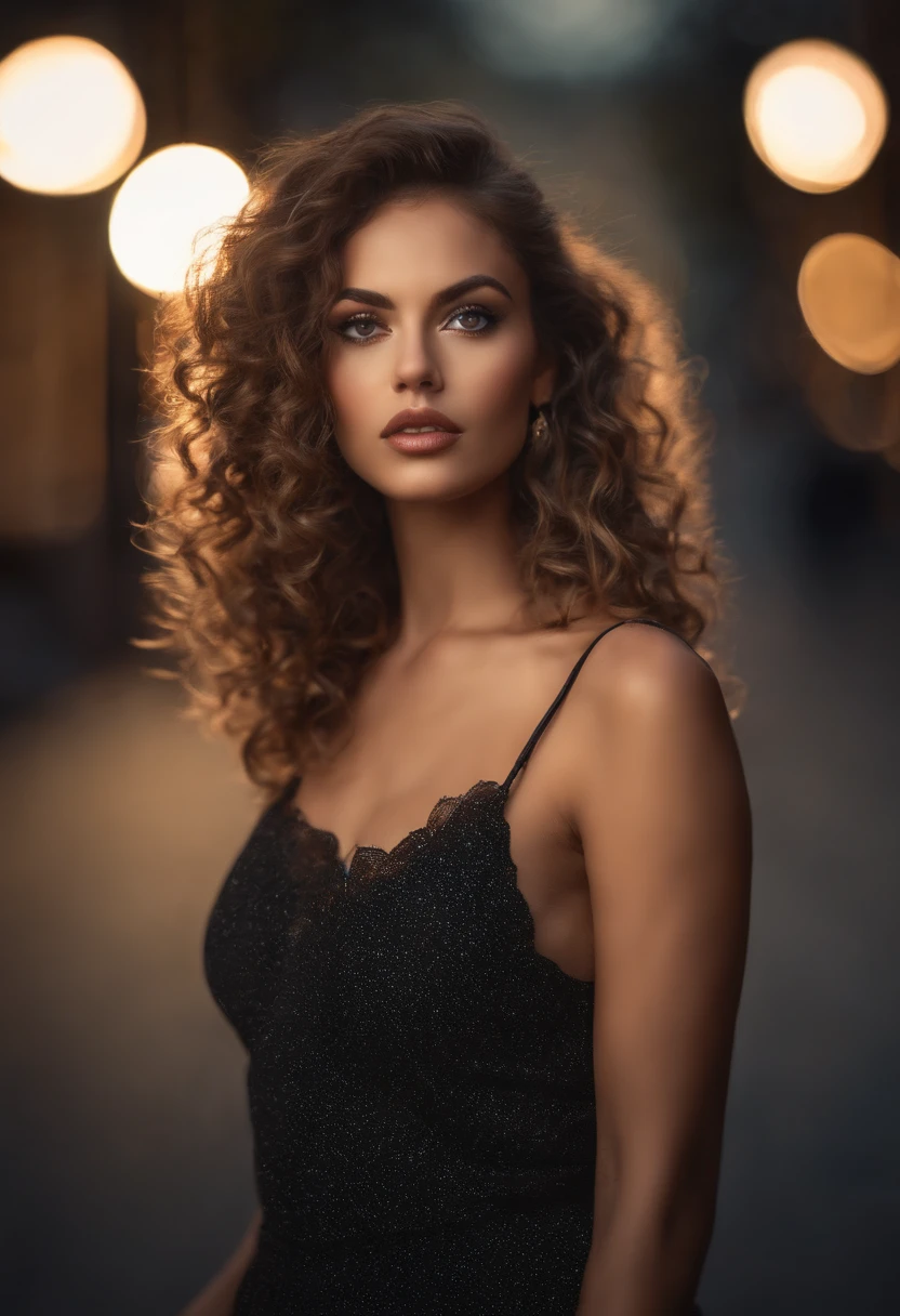(sharp focus:1.2), photo, attractive young woman, (beautiful face:1.1), detailed eyes, luscious lips, (cat eye makeup:0.85), (large eyes:1.0), (toned body:1.2), (curly hair:1.2), (big booty:1.4), wearing (romper:1.2) on a (street:1.2). (moody lighting:1.2), depth of field, bokeh, 4K, HDR. by (James C. Christensen:1.2|Jeremy Lipking:1.1).