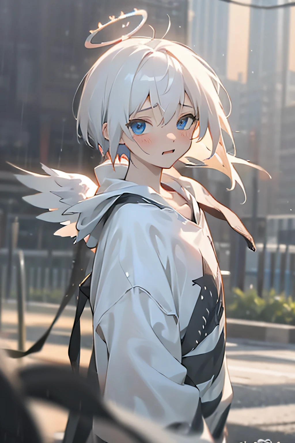 masterpiece, best quality, extremely detailed CG unity 8k wallpaper,1boy,white_hair, pale skin, hair_between_eyes, blue eyes, anime, , looking at viewer,hoodie,, rain, alone,loneny,feathered wings, white wings, wings, halo, 1boy, artist name, blush, child, chromatic aberration, english commentary, fangs, from side, light blush, long sleeves, male focus, sad, shirt, short hair, solo, , standing, striped, striped shirt, tears, upper body, vines, watermark, white hair,night city,rain