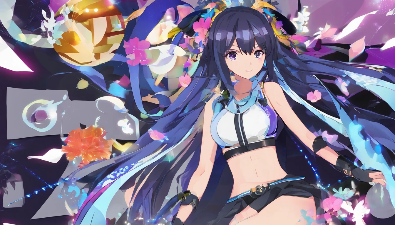 Una chica, cuerpo entero, cabello largo negro con morado, ojos grandes y azules, parada de frente, Avatar 2D, gamer girl, ropa ajustada, orejas de gato, sonrisa, latina, caucasica, senos grandes, muslos grandes, small waist, sonrojada.