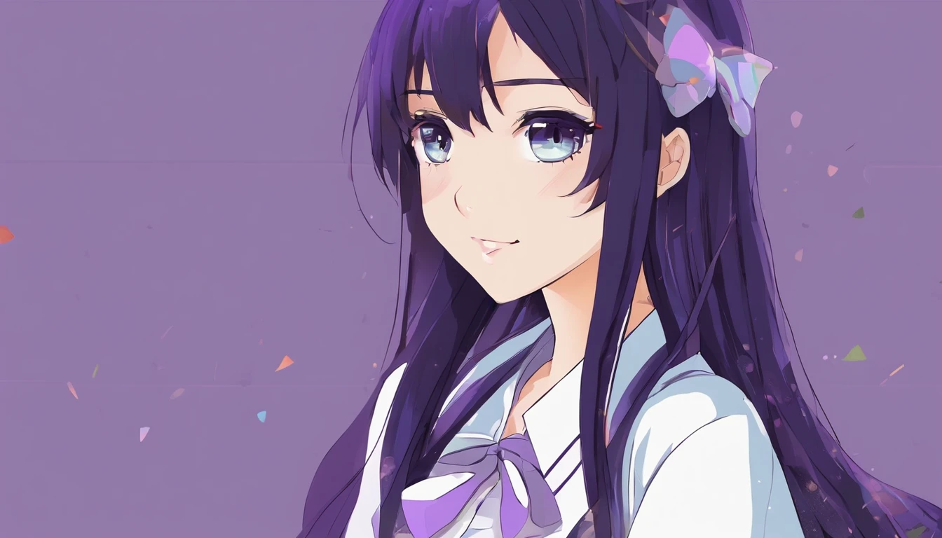 Una chica, cuerpo entero, cabello largo ????? con morado, ojos grandes y azules, parada de frente, Avatar 2D, gamer girl, ropa ajustada, orejas de gato, sonrisa, latina, caucasica, senos grandes, muslos grandes, small waist, sonrojada.
