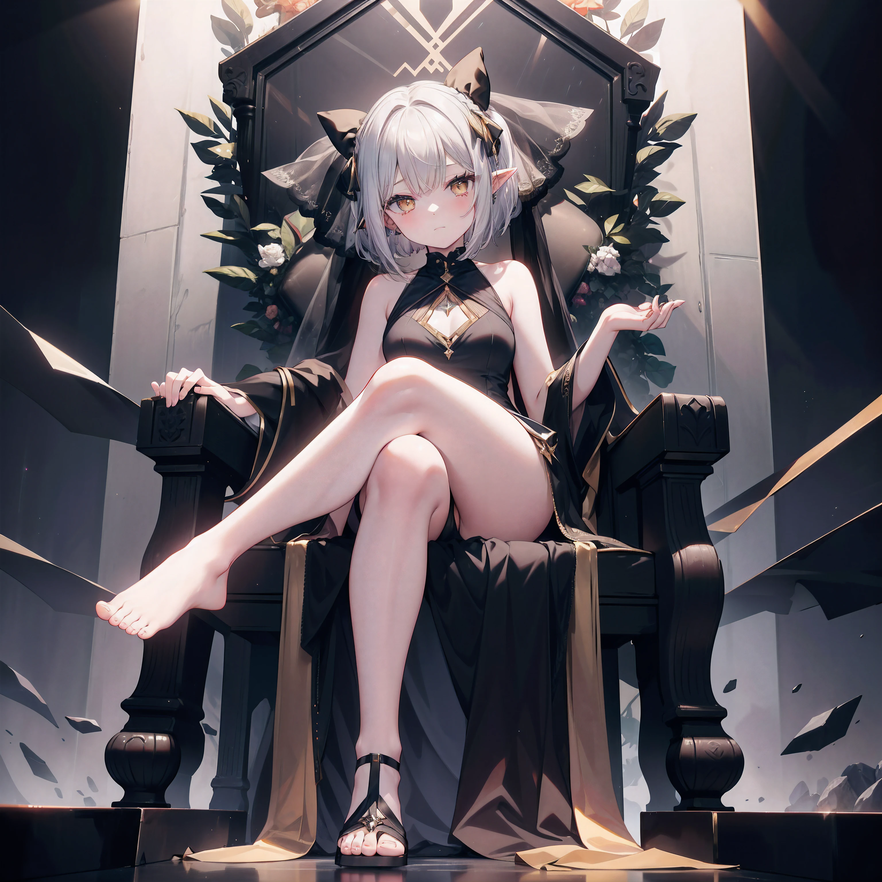 Black Onyx、、s girl、bare-legged、Silver Hair Bob Cut、Orange Gold Eye、Fantasia、Black Wedding Dresses、Black Diamond、peridot、Ametrine、Golden Sapphire、Shoulder out、From below, Show your feet to your audience, Big buttocks,Big thighs、 (Presentation of the legs), From below, ,1girl in, Solo, shush, Side hair ribbon, Sleeveless, sole of feet、Knee up、legs up、Cross your legs、Shy laughter、Mole under the eyes、sit a chair、a throne、Elven ears、