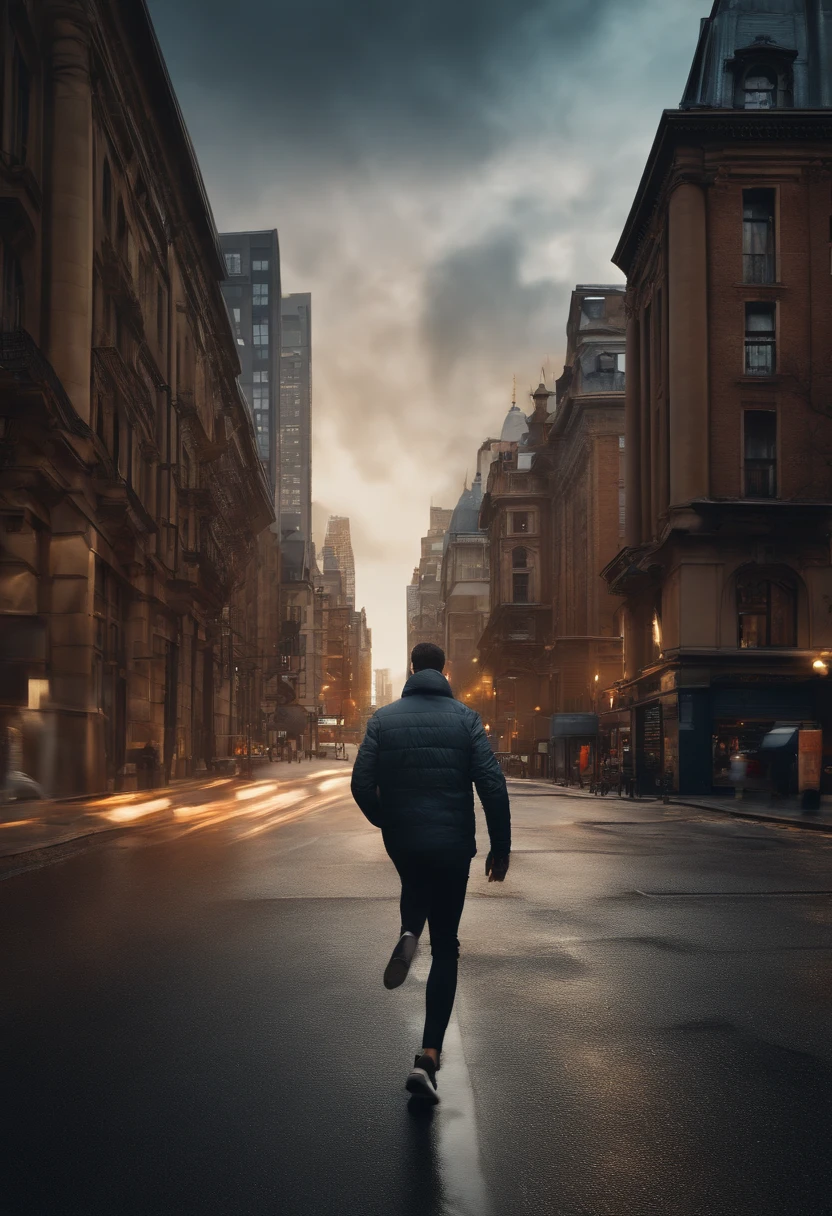 (best quality,4k,8k,highres,masterpiece:1.2),ultra-detailed,(realistic,photorealistic,photo-realistic:1.37),a man running in the street,illustration,concrete texture,shadows of passing cars and buildings,expressive motion,cityscape architecture,vibrant colors,dynamic perspective,energetic pose,nighttime lighting,urban atmosphere,speed lines,fast-moving clouds,excitement of movement,blurry background of bustling city life,rushing footsteps,artistic graffiti,gritty texture.