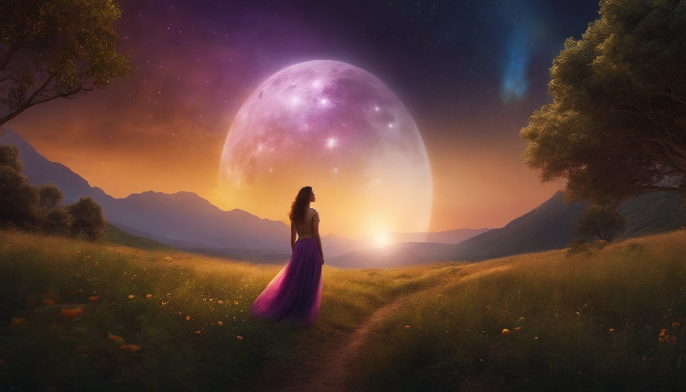 A wide landscape photo, (viewed from below, the sky is above, and the open field is below), a girl standing on a flower field looking up, (full moon: 1.2), (meteor: 0.9), (nebula: 1.3), distant mountains , Trees BREAK Crafting Art, (Warm Light: 1.2), (Firefly: 1.2), Lights, Lots of Purple and Orange, Intricate Details, Volumetric Lighting BREAK (Masterpiece: 1.2), (Best Quality), 4k, Ultra Detailed, (Dynamic Composition: 1.4), Rich in Detail and Color, (Rainbow Color: 1.2), (Glow, Atmospheric Lighting), Dreamy, Magical, (Solo: 1.2)