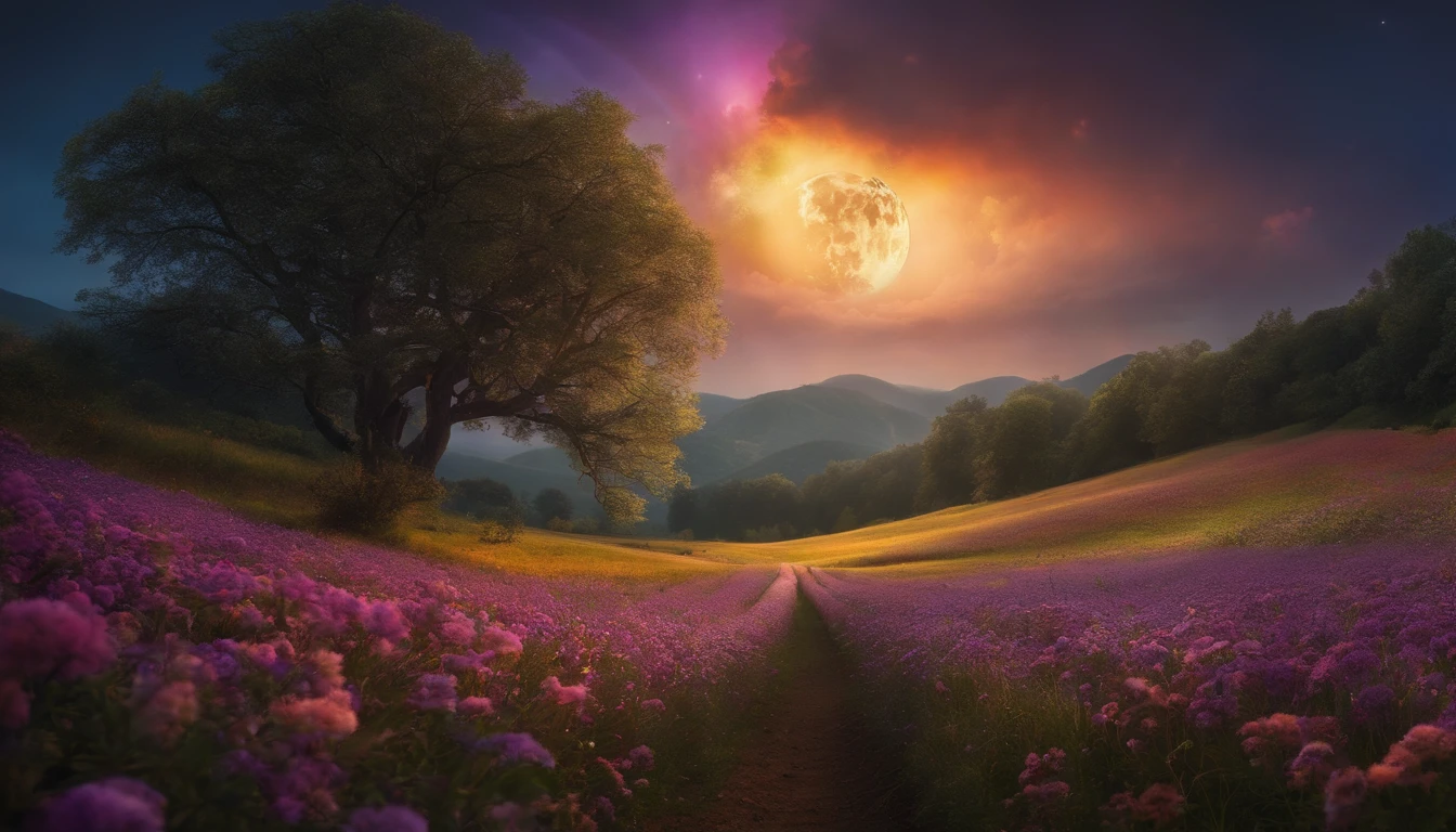 A wide landscape photo, (viewed from below, the sky is above, and the open field is below), a girl standing on a flower field looking up, (full moon: 1.2), (meteor: 0.9), (nebula: 1.3), distant mountains , Trees BREAK Crafting Art, (Warm Light: 1.2), (Firefly: 1.2), Lights, Lots of Purple and Orange, Intricate Details, Volumetric Lighting BREAK (Masterpiece: 1.2), (Best Quality), 4k, Ultra Detailed, (Dynamic Composition: 1.4), Rich in Detail and Color, (Rainbow Color: 1.2), (Glow, Atmospheric Lighting), Dreamy, Magical, (Solo: 1.2)