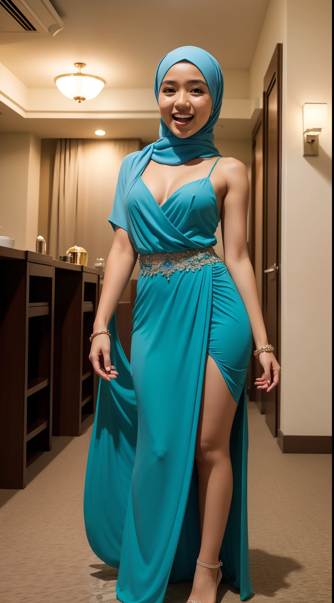 Malay gurl standing and laughing, happy, nighttime dinner, hotel dinner stage ballroom, view from back, looking at the viewer, wearing hijab, pastel color hijab, wear blue backless prom dress, small tits, small breast, flat chest, wide waist, thick thighs, bright lighting, high quality, ultra detail, 8k,