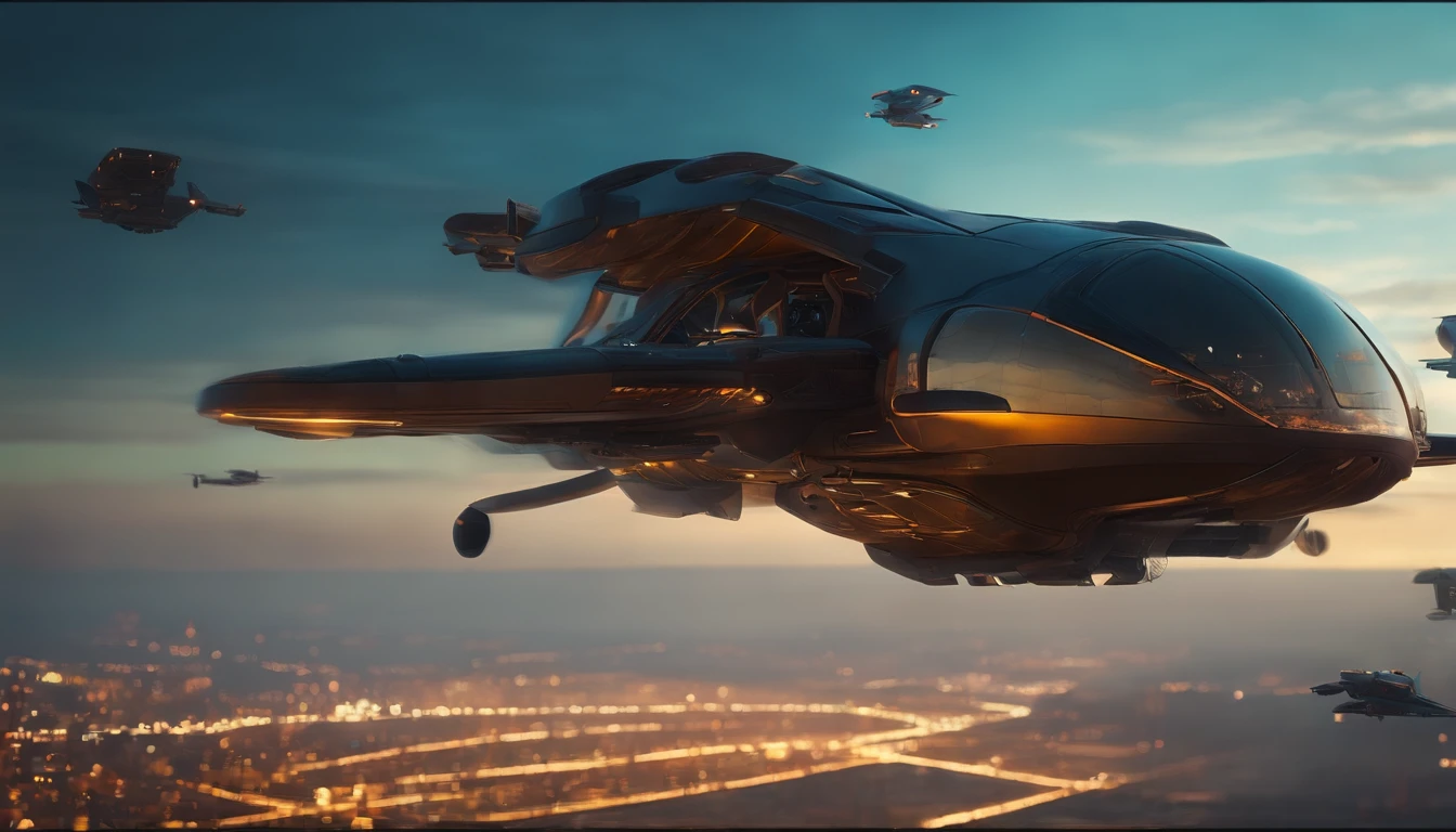 mundo cyberpunk,There's flying machines in the sky,Light and shadow are intense,Lighting is cool,hand-painted,magical dream