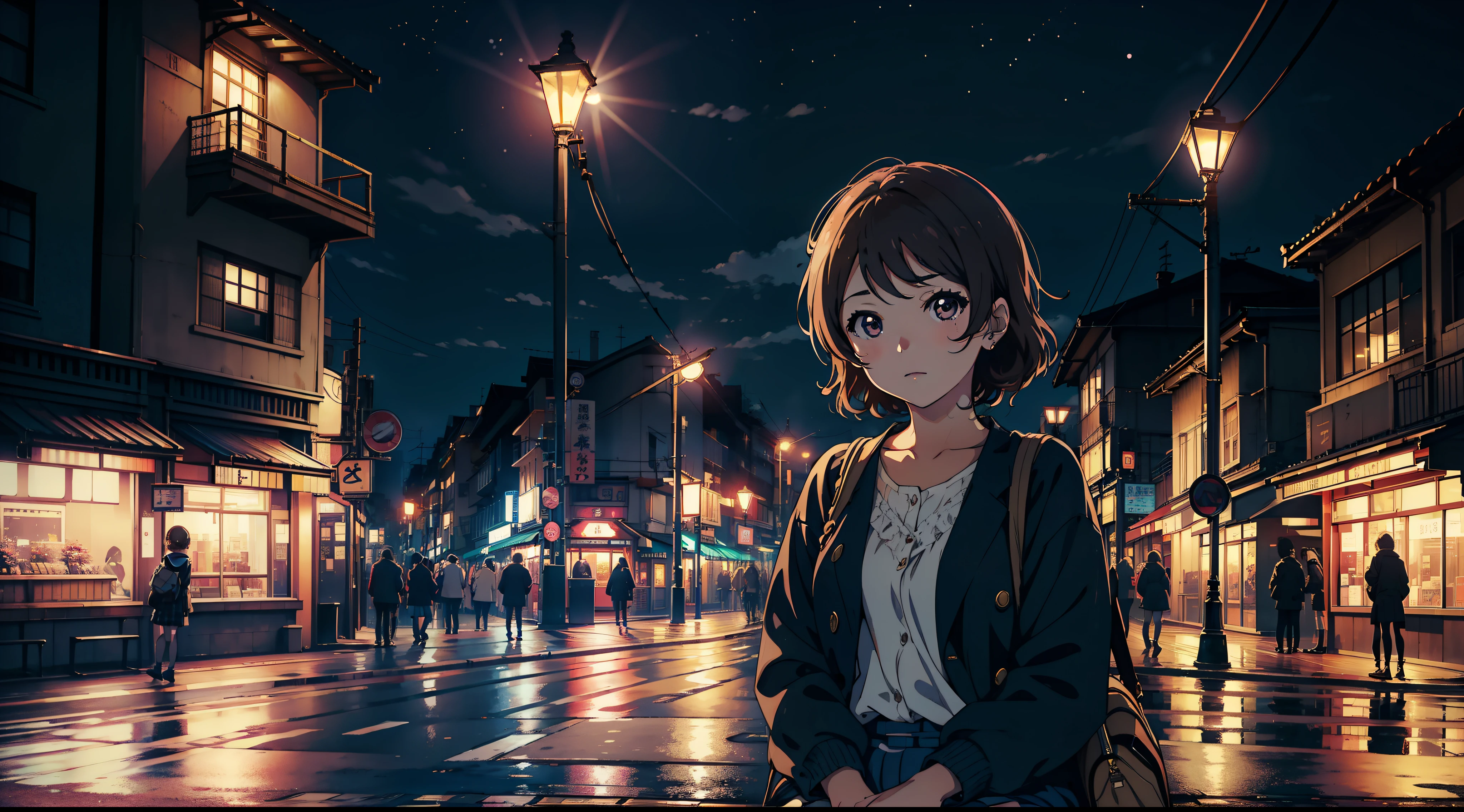Masterpiece to the smallest detail、top-quality, 1 girl in, Watanabe You (\lovelive\), waiting bus, night, city, streetlight, in front of building, moonlight, hide hand