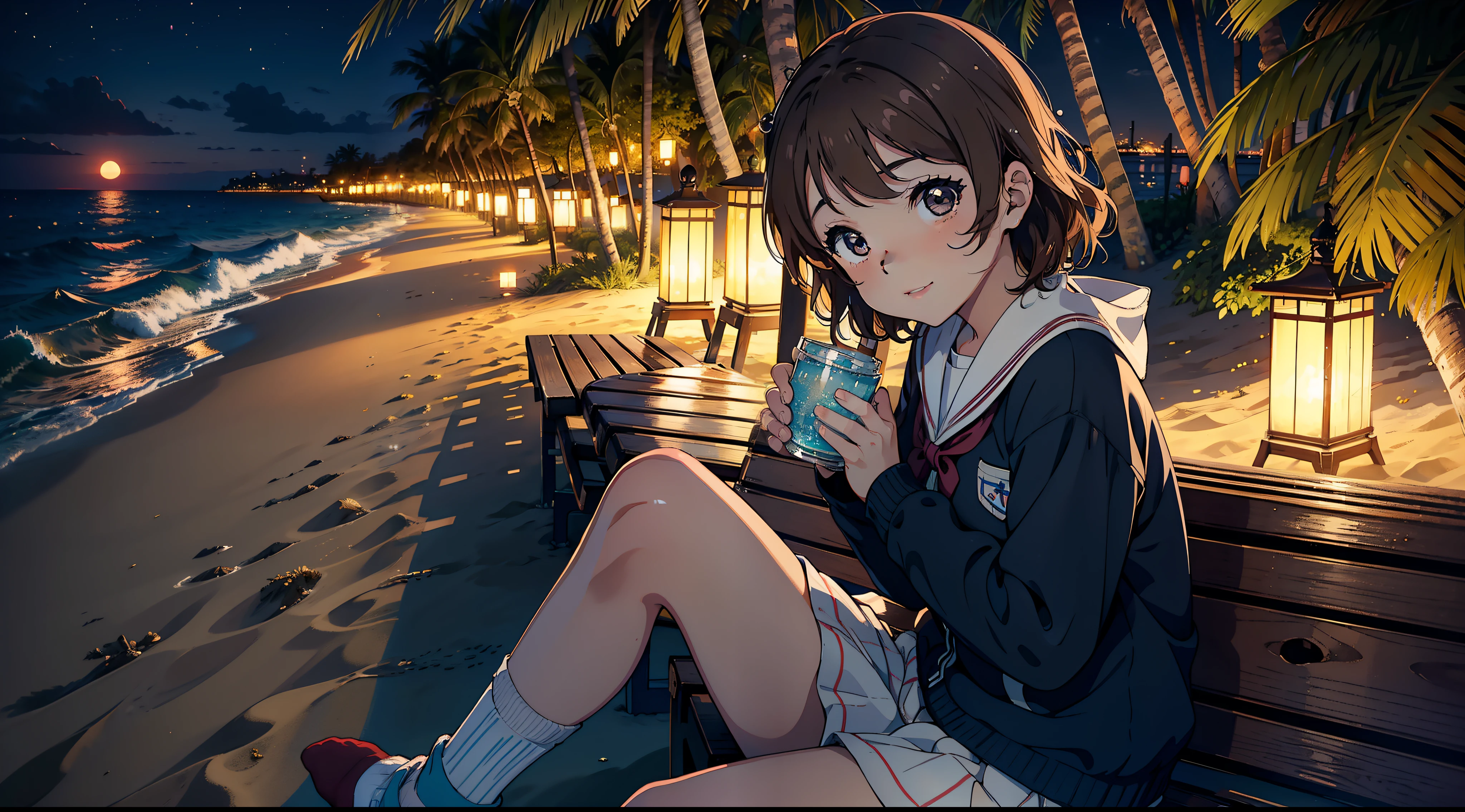 Masterpiece to the smallest detail、top-quality, 1 girl in, Watanabe You (\lovelive\), sitting bench, ocean,night, sand, sun, beach, drinking, uniform, happy, socks, cute, tree, boat, hide hand