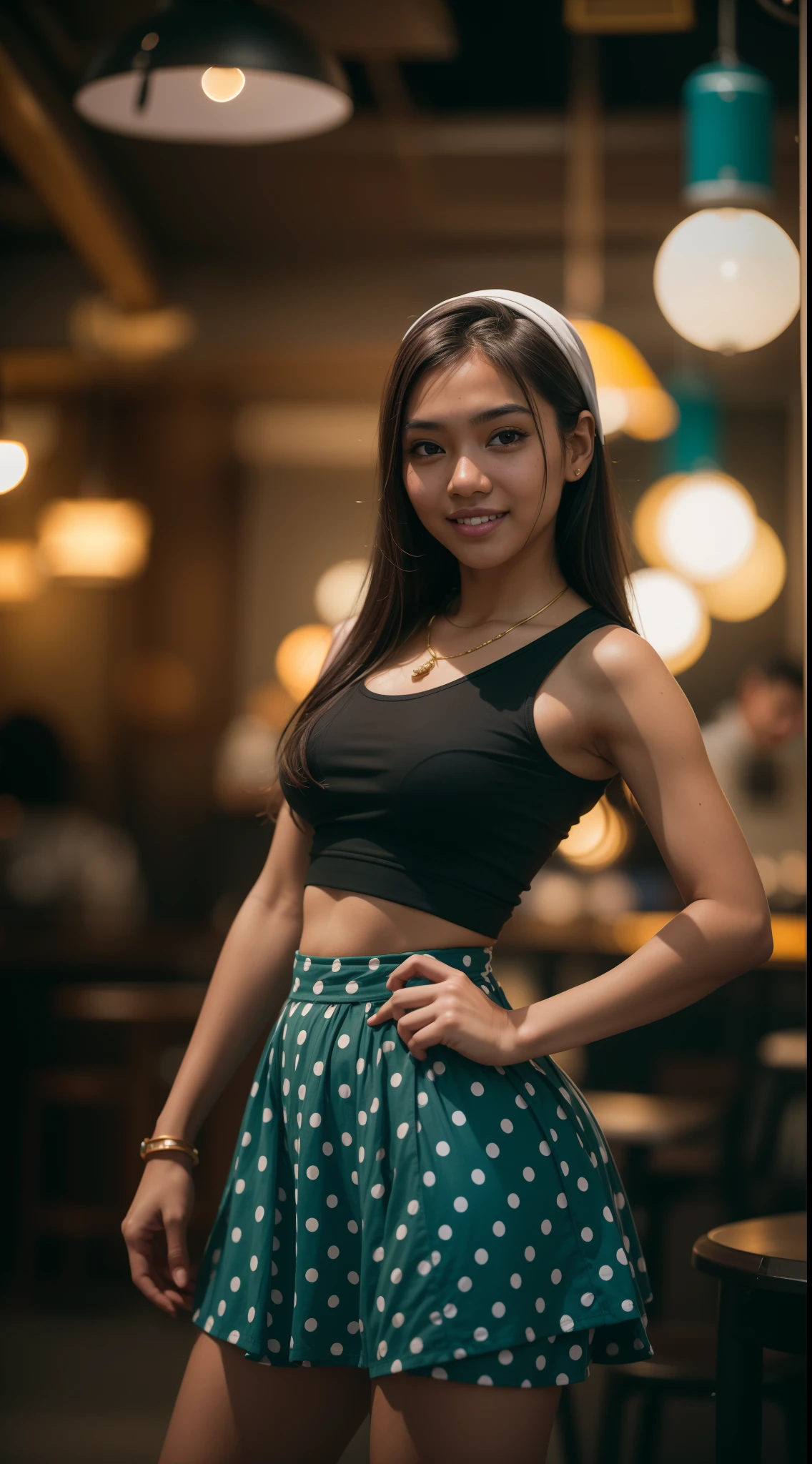 Young Malay girl in hijab standing and pose in hipster cafe, happy, smiling, nighttime, wearing turquoise polka dot beginners bra and pleated short skirt, white high sneakers, professional lighting, ray lighting, blur background, cool ambient, calm ambient, bokeh, small breast, flat chest, small waist, small head, short petite body, wide hips, thick thighs, curved back, round small ass, sexy pose, bright lighting, mole below eyes, skin spots, acnes, skin blemishes, age spot, detail skin texture, skin detail, skin wrinkle detail, dark brown skin, gold necklace, high quality, ultra detail face, 8k,