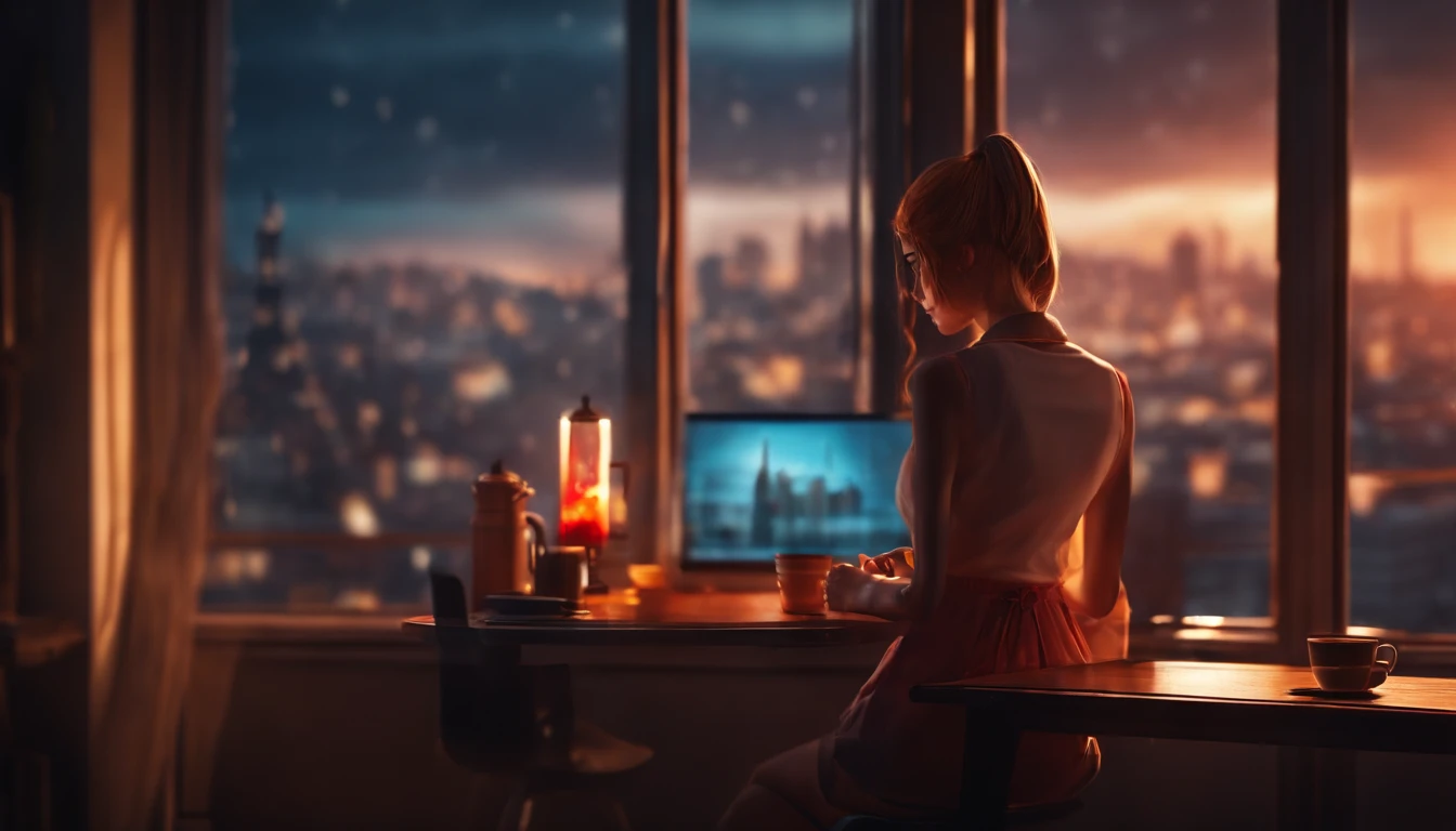 anime girl working on pc. cup of coffe and lava lamp on table. window with city background.