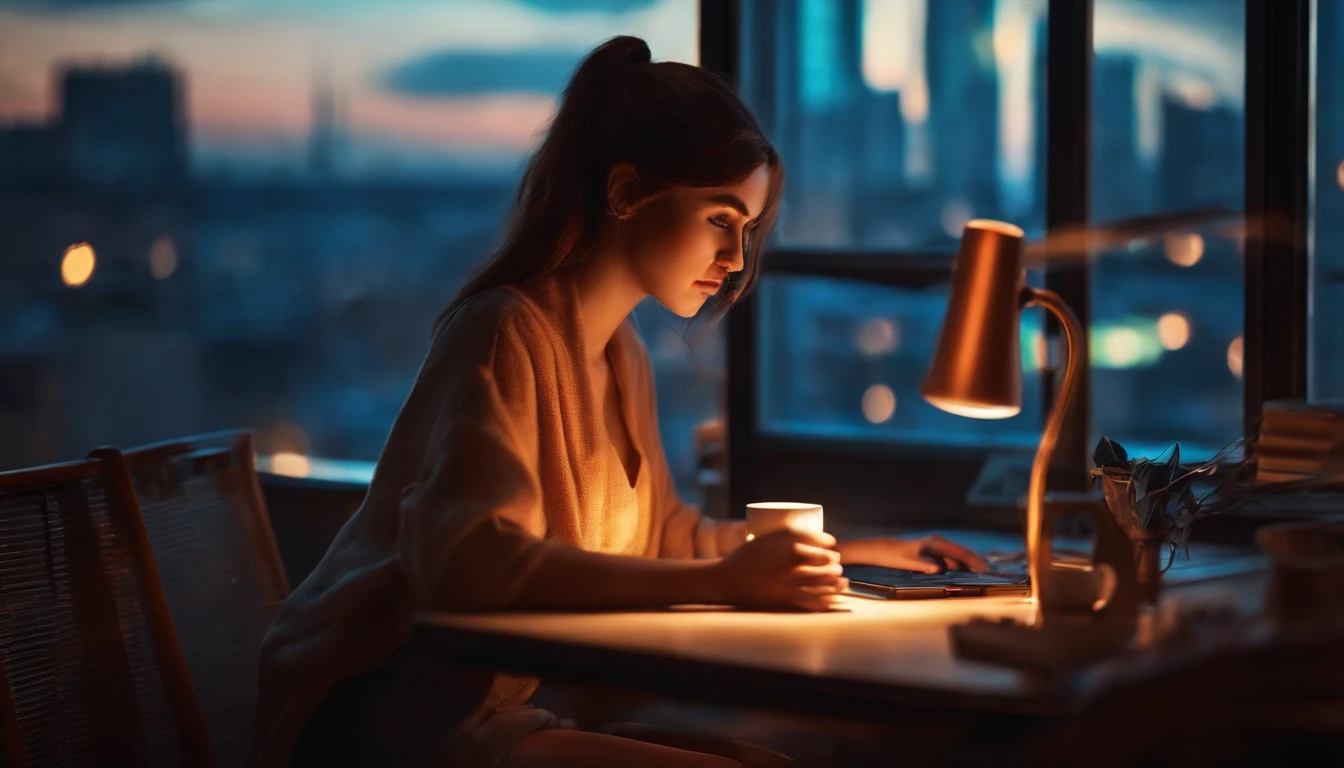 anime girl working on pc. cup of coffe and lava lamp on table. window with city background.