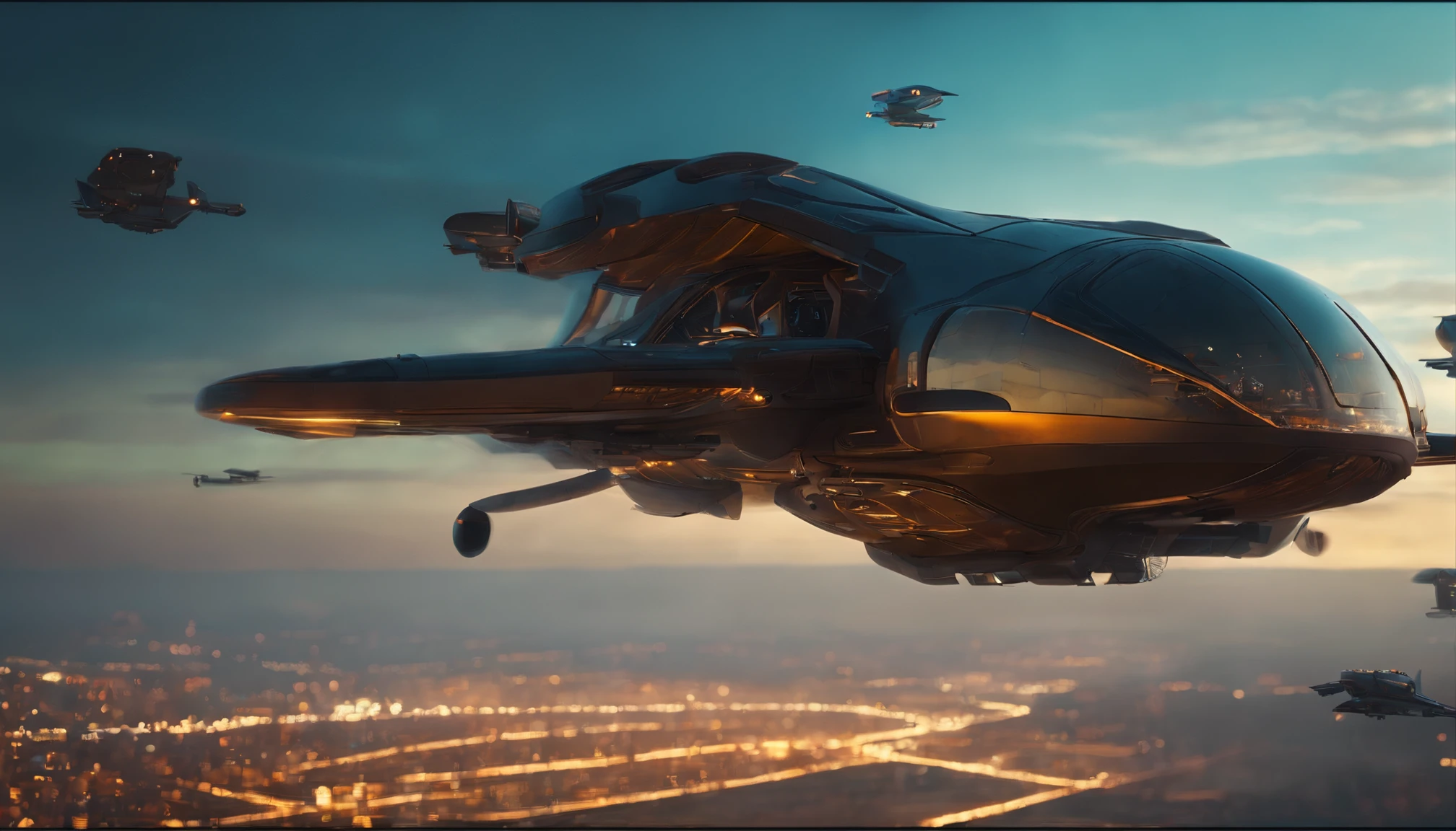 mundo cyberpunk,There's flying machines in the sky,Light and shadow are intense,Lighting is cool,hand-painted,magical dream