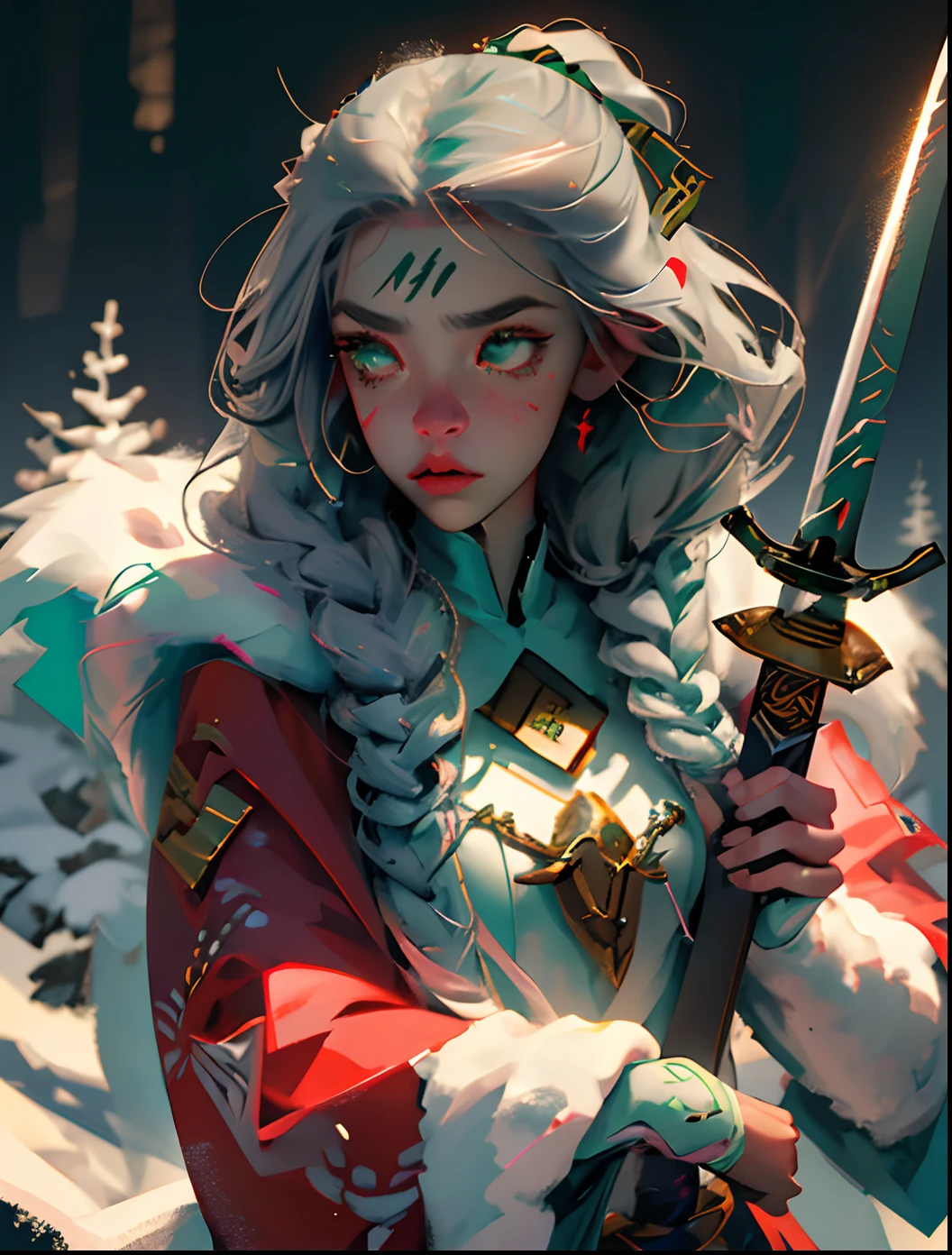(silber hair),teens girl,Machinary,wounded,snowy night,((Green pupils)),(holdingsword),Solitude,(((Light)))),bloods,Hanmei,Machinary