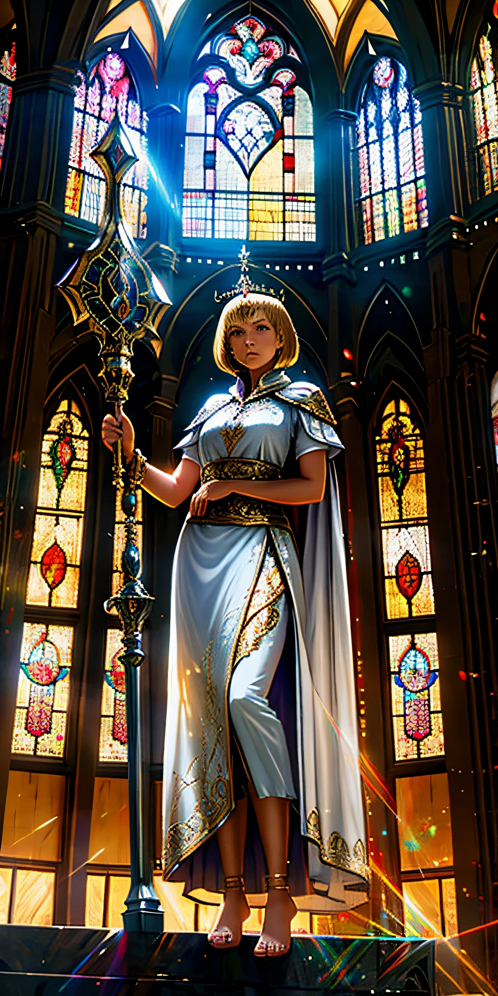 masterpiece, perfectly detailed, Cinematic, hdr, primitive, Intricate, High quality, Gorgeous shades, Intricate details, super-fine,oc rendered low angle, from below, paladin templar lady in white tabard, legwear, with a angelic staff, dreamy pearlescent eyes, collar, golden chainmail, wide hips, barefoot, angelic halo, (((perfect detailed face, beautiful))), perfect hands, pauldrons, halo, bob cut, blonde, eye focus, red cape, temple indoors, decorations, stained glass windows, god rays, particles, chromatic aberration, detailed, cinematic, dark scene, fantasy, 32k ultra hd, photorealistic, octane render