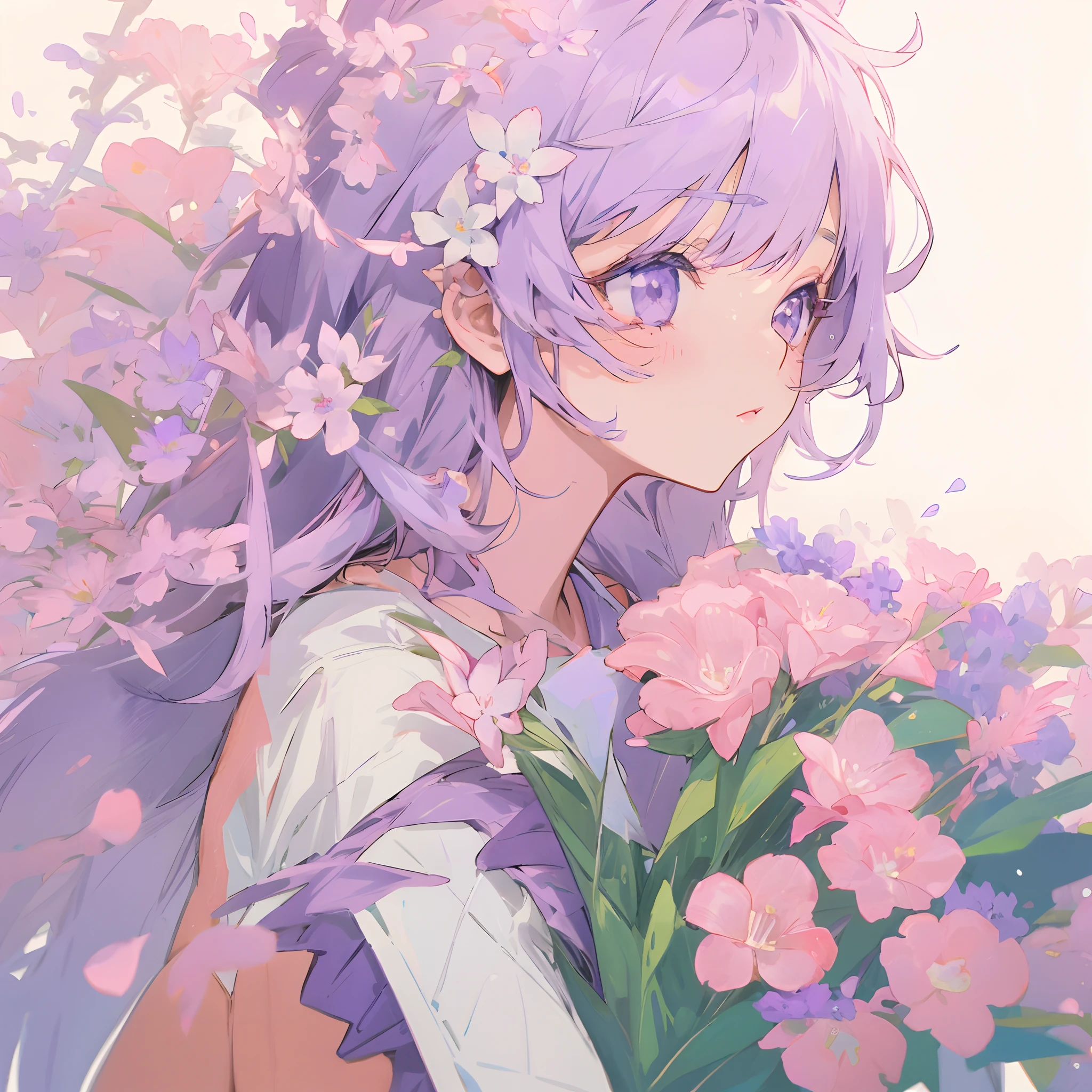 Anime girl with purple hair dressed in white holding a bouquet of purple flowers，Anime style portrait,