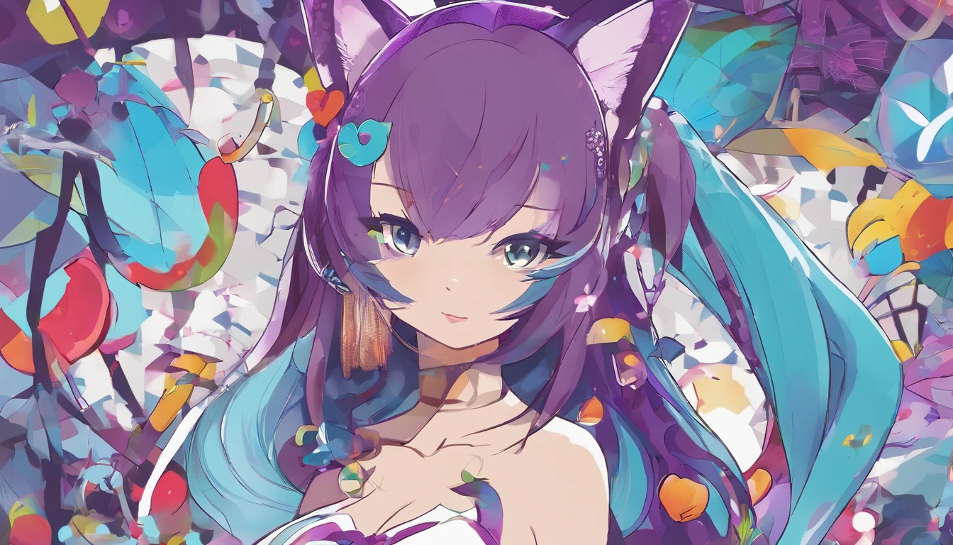 Una chica, cuerpo entero, cabello largo negro con morado, ojos grandes y azules, parada de frente, Avatar 2D, gamer girl, ropa ajustada, orejas de gato, sonrisa, latina, caucasica, senos grandes, muslos grandes, small waist, sonrojada.